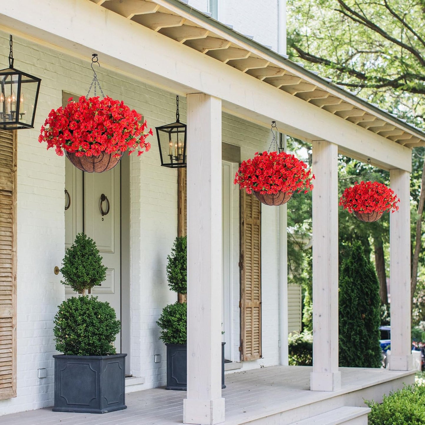 Ivydale Artificial Faux Hanging Flowers Plants Baskets for Outdoors Outside Spring Decoration, Fake Silk Red Morning Glory UV Resistant Look Real for Front Door Porch Patio Balcony Yard Garden Home