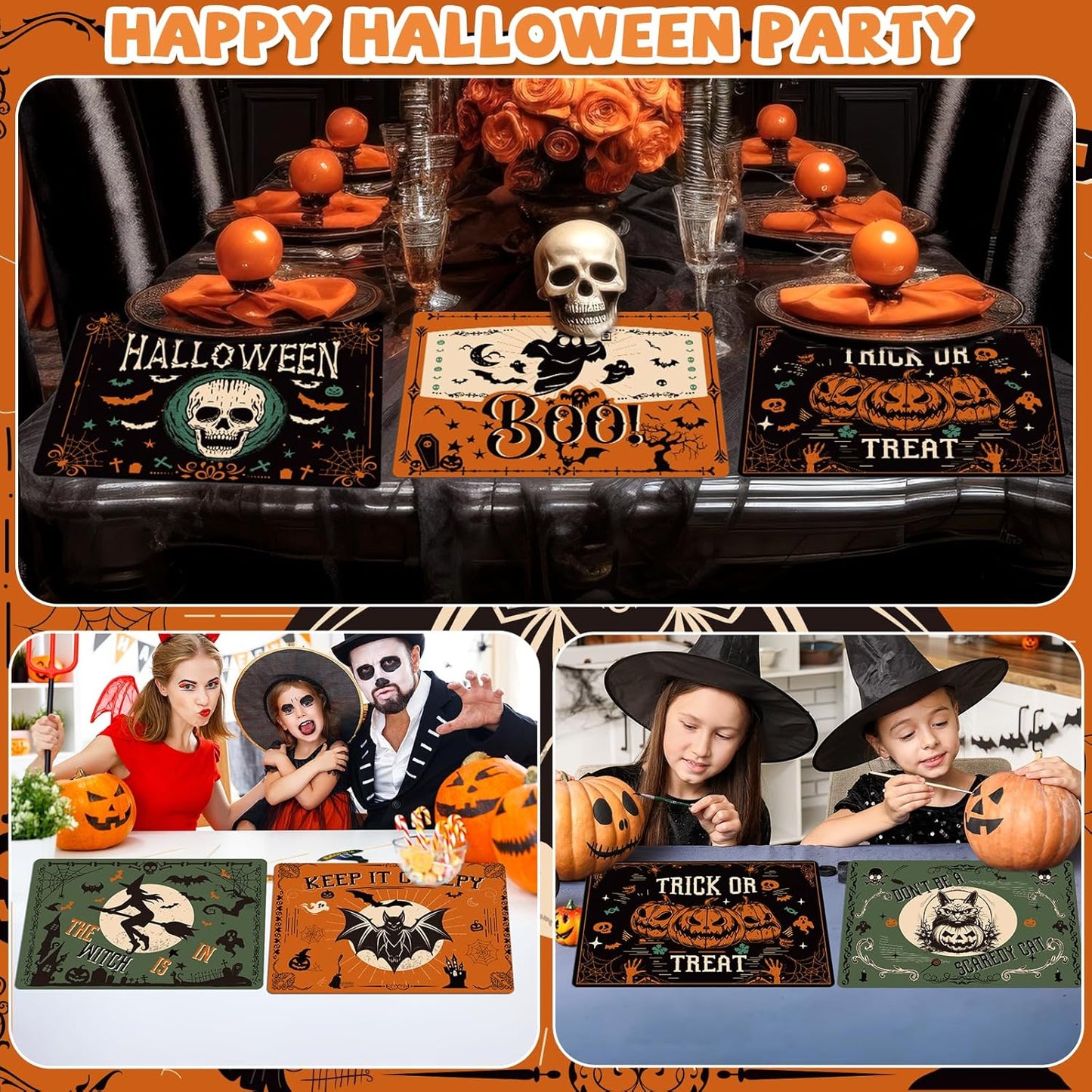 Halloween Placemats Set of 6 Gothic Bat Plastic Table Mats Pumpkin Witch Skull Ghost Halloween Place Mats Washable Vinyl Rustic Table Decoration for Indoor Outdoor Party Kitchen Dining
