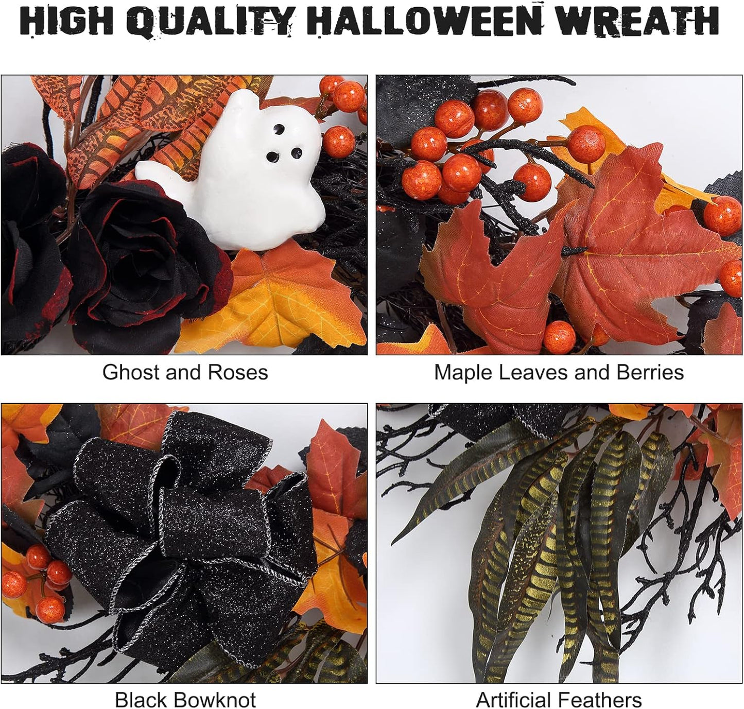 Adeeing 26 Inch Halloween Wreaths for Front Door, Halloween Decorations Ghost Wreath with Feathers Artificial Black Rose and Ribbon for Indoor Outdoor Home Party Decor