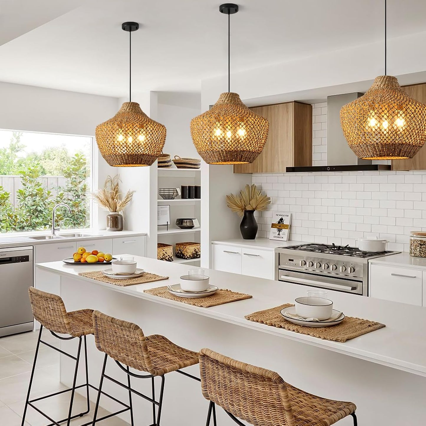 18.9”Boho Wicker Large Pendant Light,3-Light Rattan Chandelier, Hand-Woven Seagrass Farmhouse Fixture, for Kitchen Island Bedroom Dining Living Entrance Halls.