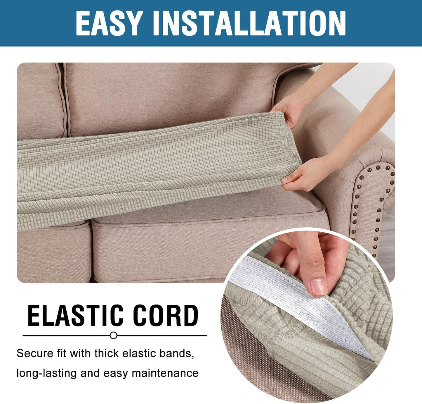 H.VERSAILTEX Super Stretch Individual Seat Cushion Covers Sofa Covers Couch Cushion Covers Slipcover Sets Thick Jacquard Textured Twill Fabric (2 Piece Medium Sofa Cushion Covers, Island Fossi)