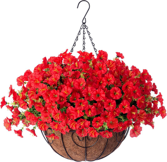 Ivydale Artificial Faux Hanging Flowers Plants Baskets for Outdoors Outside Spring Decoration, Fake Silk Red Morning Glory UV Resistant Look Real for Front Door Porch Patio Balcony Yard Garden Home