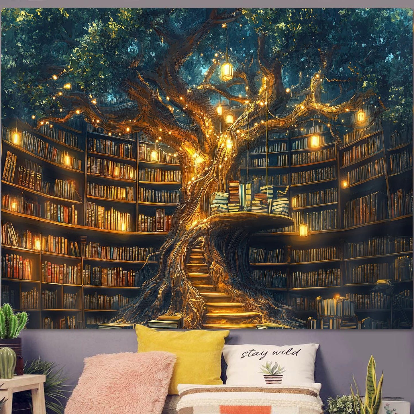 GOAOK Fantasy Library Tapestry For Classroom, Mysterious Tree Magic Bookshelf Aesthetic Tapestries, Witchy Fairytale Tree Vintage Bookshelf Book Art Tapestry Wall Hanging College 40"X30"