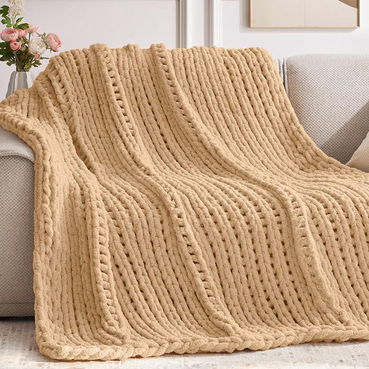 Chunky Knit Throw Blanket, 30''*40'' Knitted Throw Chenille Yarn for Bed Couch, Handmade Beige Crochet Big Thick Blanket, Machine Washable Cute Comfy Blanket for Home Decor