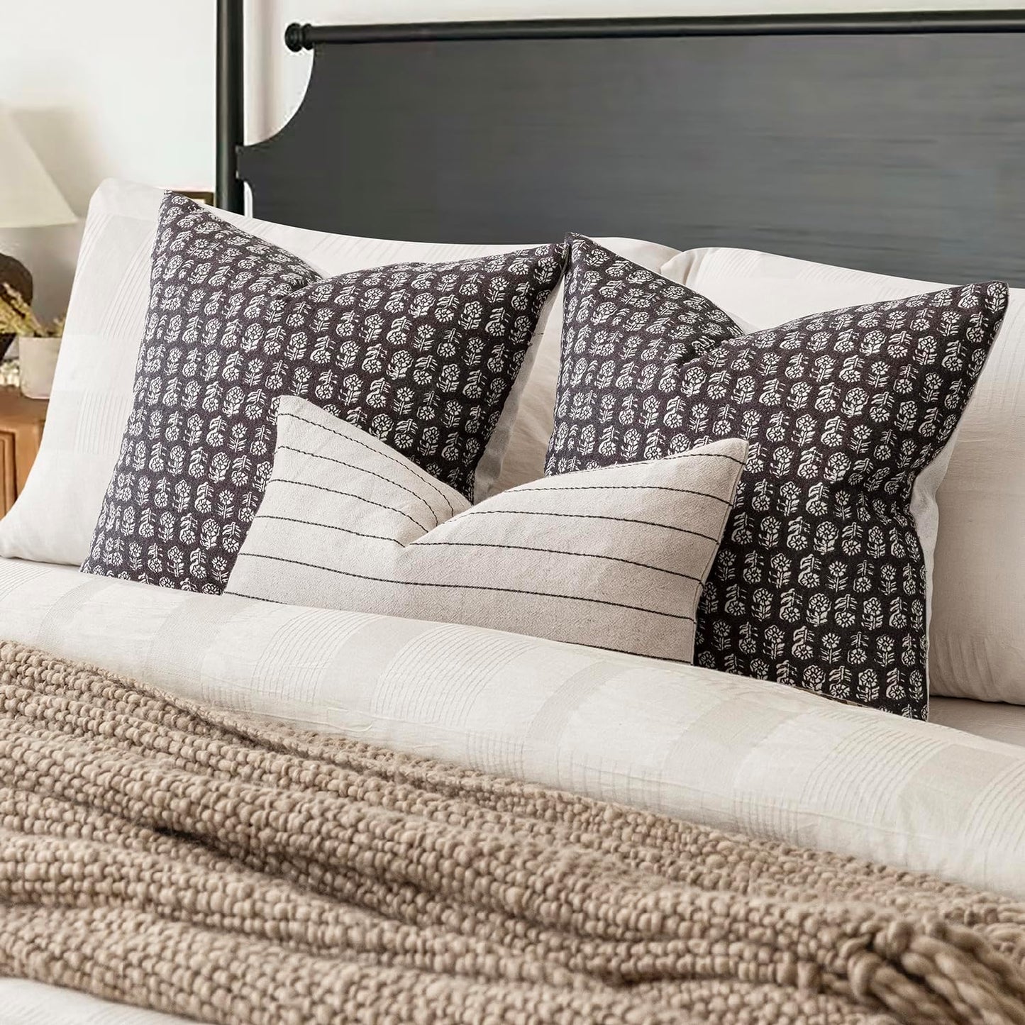 Foindtower Set of 2 Decorative Neutral Floral Print Throw Pillow Covers Vintage Accent Farmhouse Cushion Covers Boho Home Decor for Sofa Couch Chair Bedroom Living Room Outdoor,24×24 Inch,Black