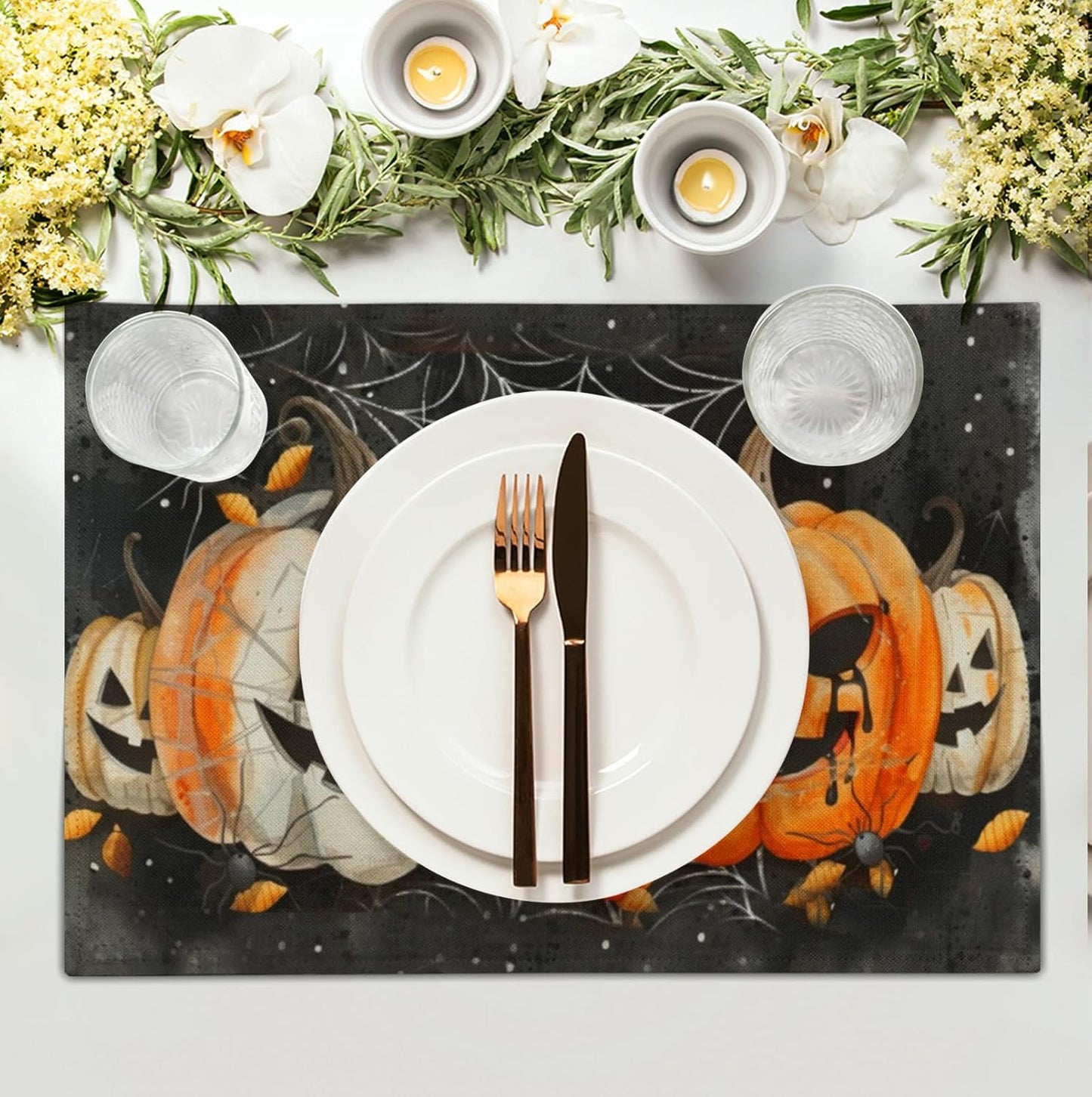 Halloween Pumpkins Spider Web Placemats Set of 4 Black Gray Scary Pumpkin Fall Linen Table Place Mat 12x18 Inch Seasonal Heat Resistant Table Mats for Party Kitchen Dining Decoration