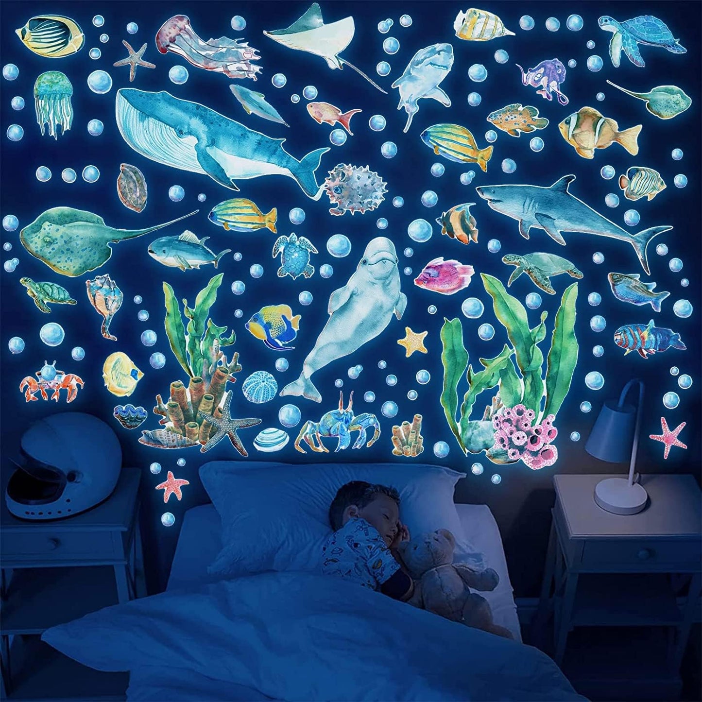Glow in The Dark Fish Wall Decals, Under The Sea Wall Stickers Decals Decor Luminous Sea Life Animals Waterproof Stick Wall Decal for Kids Boys Bedroom Watercolor Ocean Creatures Decor
