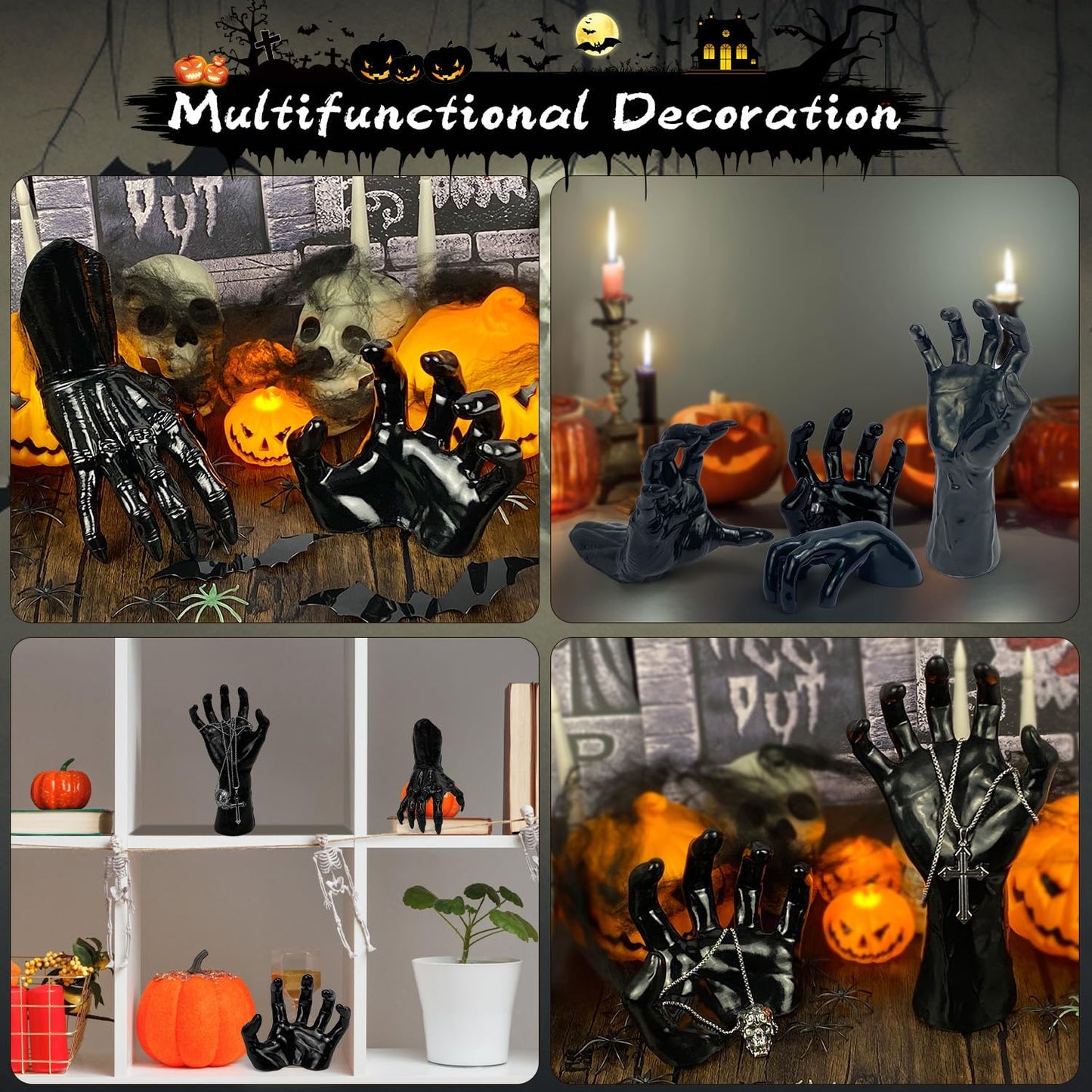 Halloween Decor Indoor, 4 Packs Creepy Reaching Hands with LED Candles, Life-Sized Gothic Wall Decor for Horror Decor, Spooky Halloween Decorations for Home, Party, Goth & Dark Academia Style