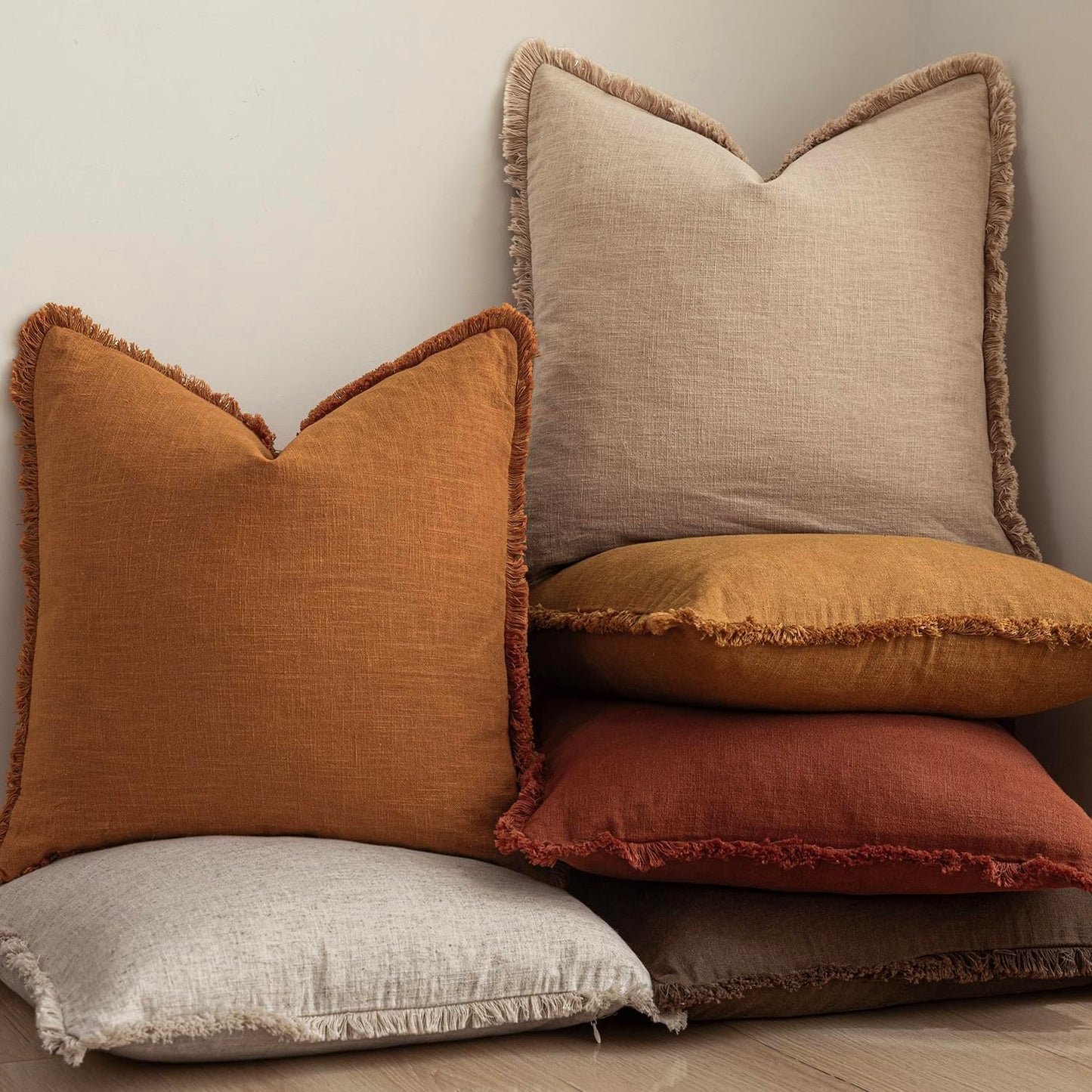 Foindtower Set of 2 Decorative Linen Fringe Throw Pillow Covers Cozy Boho Farmhouse Cushion Cover with Tassels Soft Accent Pillowcase for Couch Sofa Bed Living Room Home Decor, 16×16 Inch, Orange