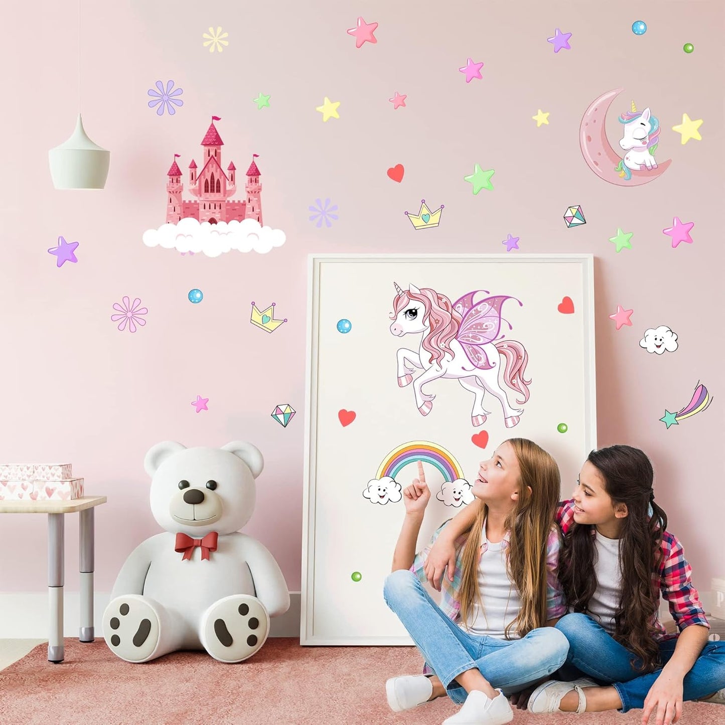 Glow in The Dark Stars Unicorn Wall Decals, Castle Moon Rainbow Stickers for Ceiling, DIY Unicorn Wall Decor for Nursery Girls Playroom, Kids Christmas Birthday Party Decoration