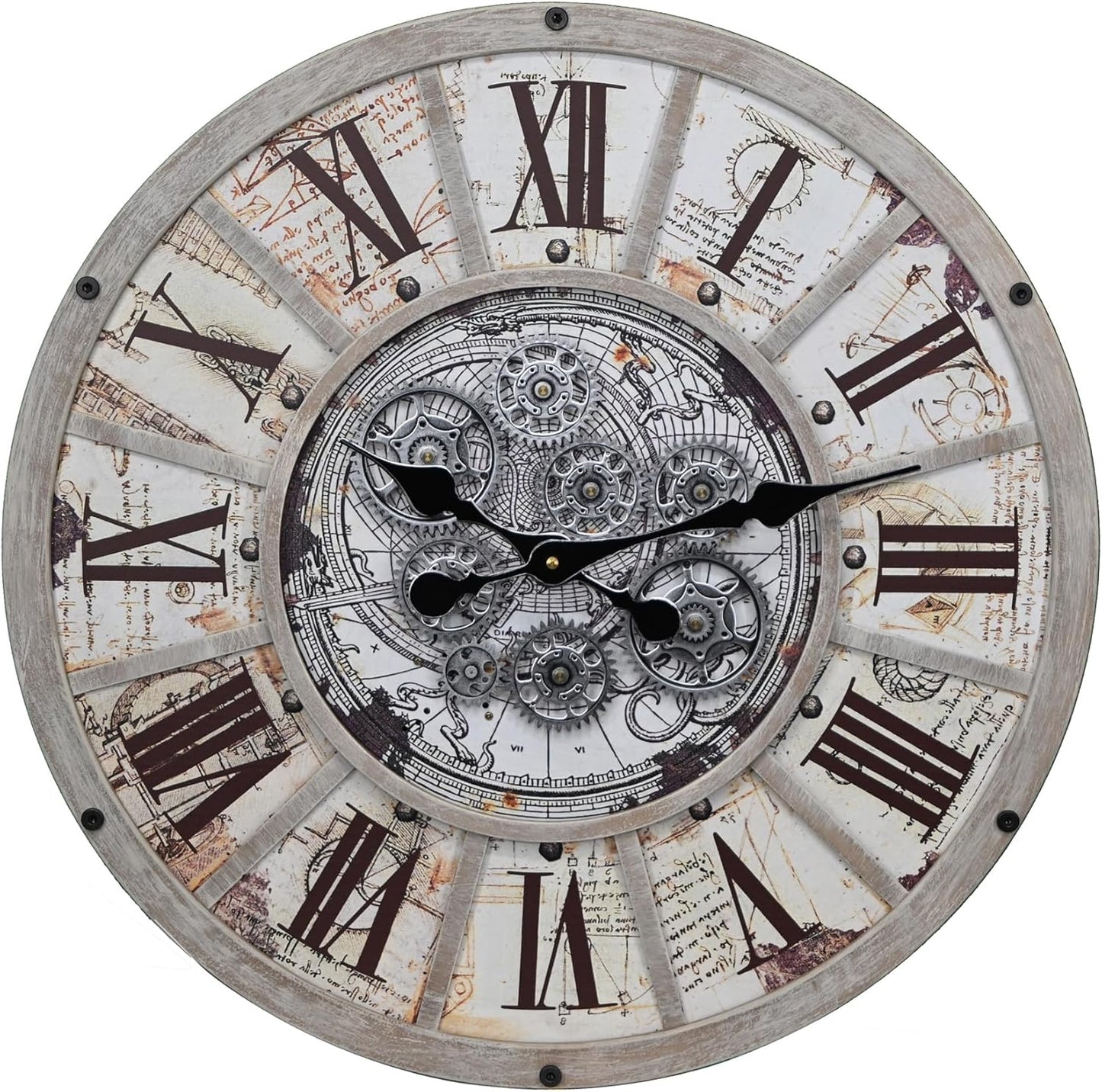 Unique Moving Gear Large Wall Clock 21inch-Battery Powered. Retro Industrial Steampunk Country Farmhouse Decor for The Living Room Kitchen Bars cafes Offices(whith/metal/21)