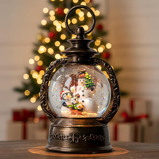 Christmas Snow Globe Lantern Water Glittering Snowman & Penguins with Music & Timer, USB Lined/Battery Operated Lighted Lantern for Christmas Festival Decoration Gifts