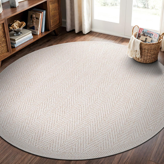 CAMILSON Easy Jute Round Rug 4ft Indoor Outdoor Off-White Color Fiber Area Rugs for Living Room and Patio Rug Herringbone Boho Woven Design Easy-Cleaning Washable Outside Carpet Alfombras (4 Round)