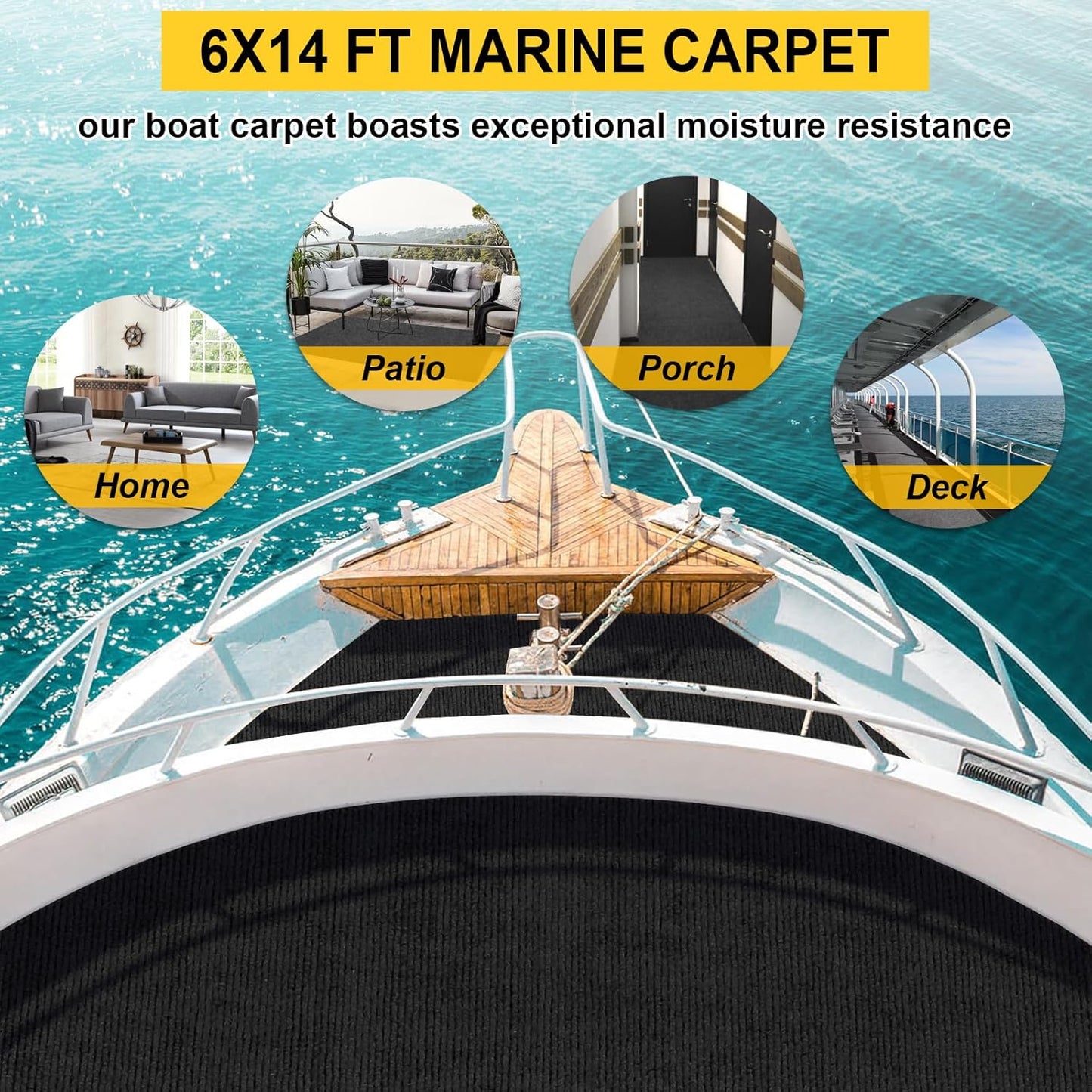 Marine Carpet, 6 FT x 14 FT Black Indoor/Outdoor Area Rug, 0.2" Thick, Waterproof, Non-Slip