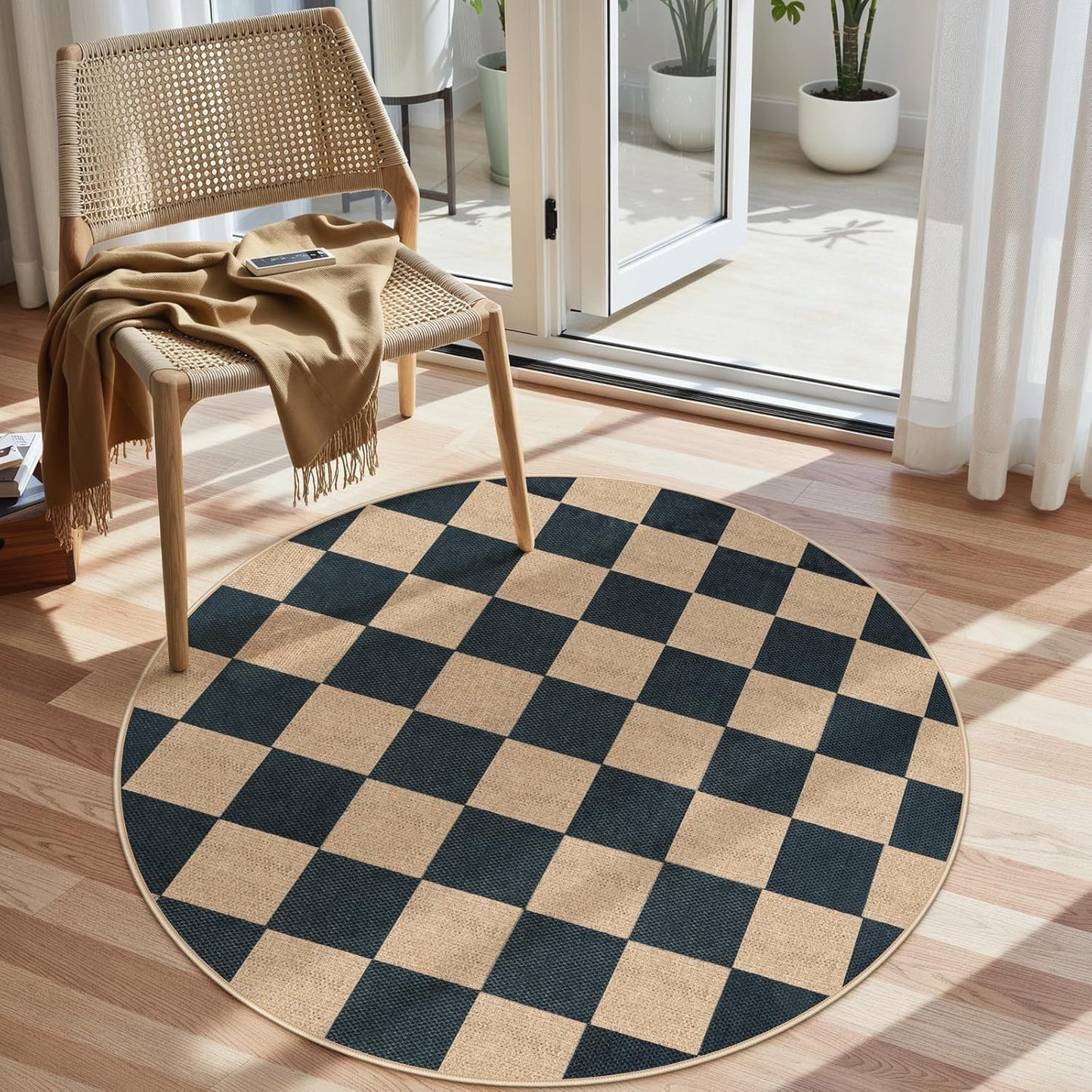 Lahome Checkered 4 ft Easy Jute Round Rug, Washable Small Rugs for Entryway Patio, Farmhouse Non Slip Non Shedding Indoor Outdoor Circle Carpet for Kitchen Porch
