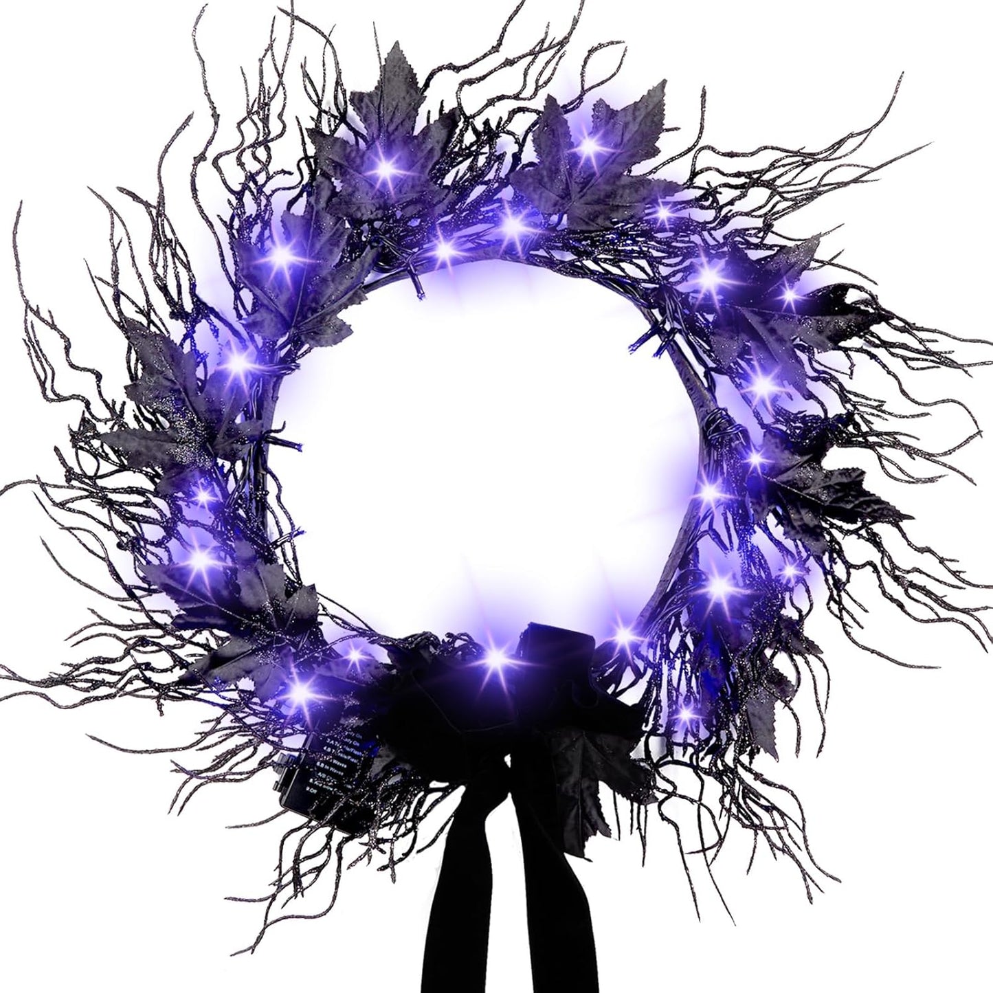JORNOY 16inch LED Halloween Wreath with Battery Timer - Black Artificial Leaves&Silk Ribbon Decor Hanging for Front Door, Mantel, Porch, Wall, Party Decorations