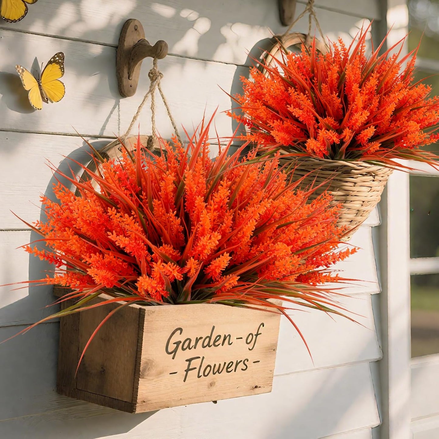 Geegoods Artificial Plants Flowers Outdoor – Faux Lavender Flowers with Monkey Grass UV Resistant Plastic Faux Plants for Garden Porch Window Patio Hanging Planter Home Decor (Autumn-red, 48PCS)