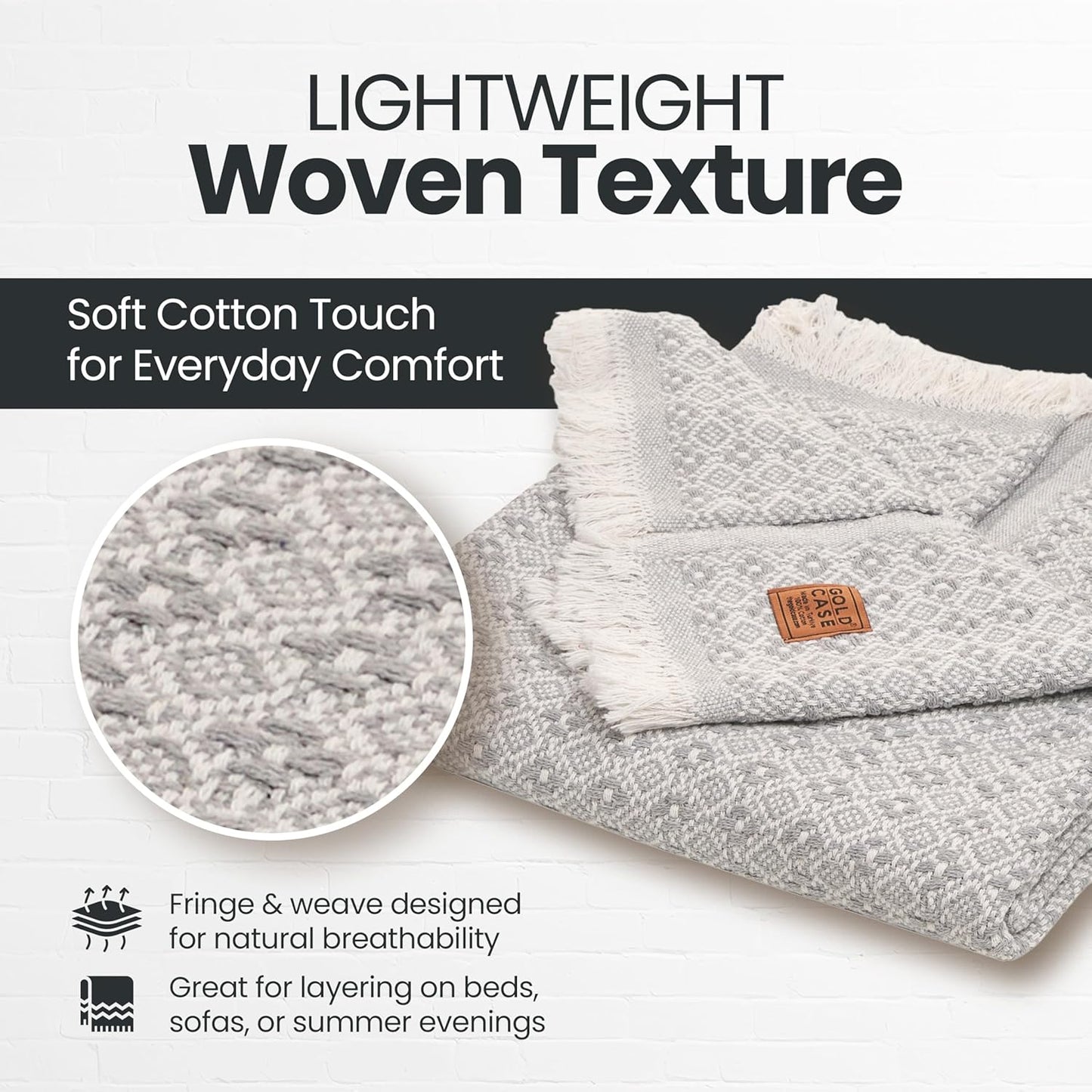 Gold Case Throw Blanket for Couch – 100% Recycled Turkish Cotton Blankets & Throws – Elegant Decorative Throw Blankets for Living Room Sofa – Woven Throws for Couch – Retro Grey – 50x60