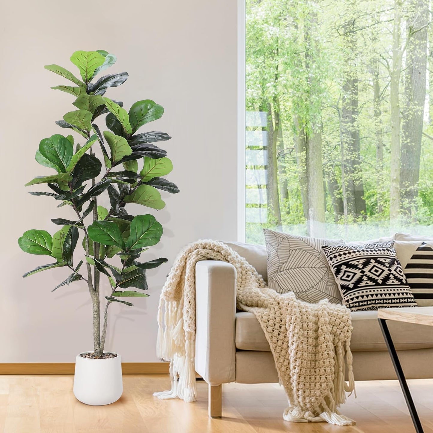 Artificial Fiddle Leaf Tree, 5ft Faux Plant Fake Ficus Lyrata Silk Trees with White Planter, Artificial Fig Trees Floor Plants for House Office Living Room Indoor Home Decor, Housewarming Gift