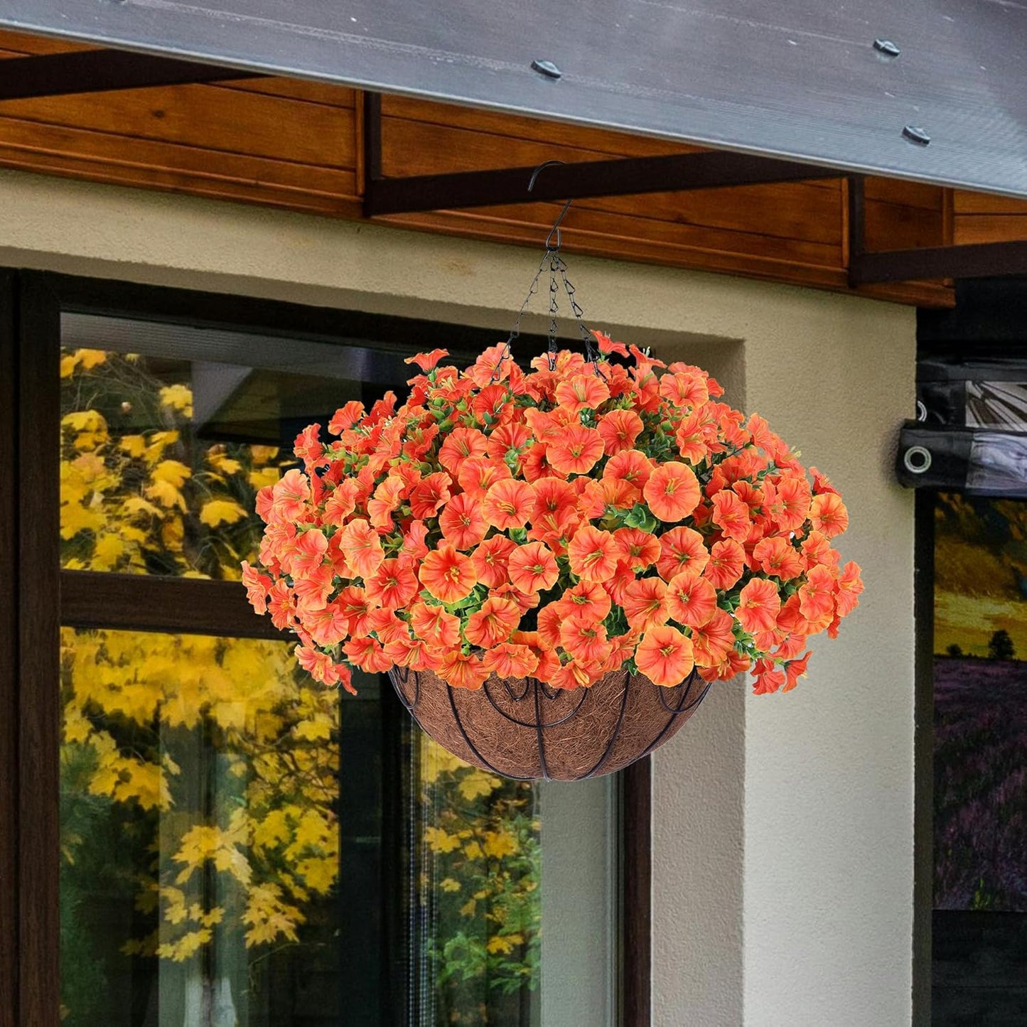 Artificial Fall Flowers Fake Hanging Plants Flowers Basket for Outdoors Autumn Decoration, Orange Silk Morning Glory with Eucalyptus Look Real UV Resistant Faux Flowers for Outside Porch Patio Balcony