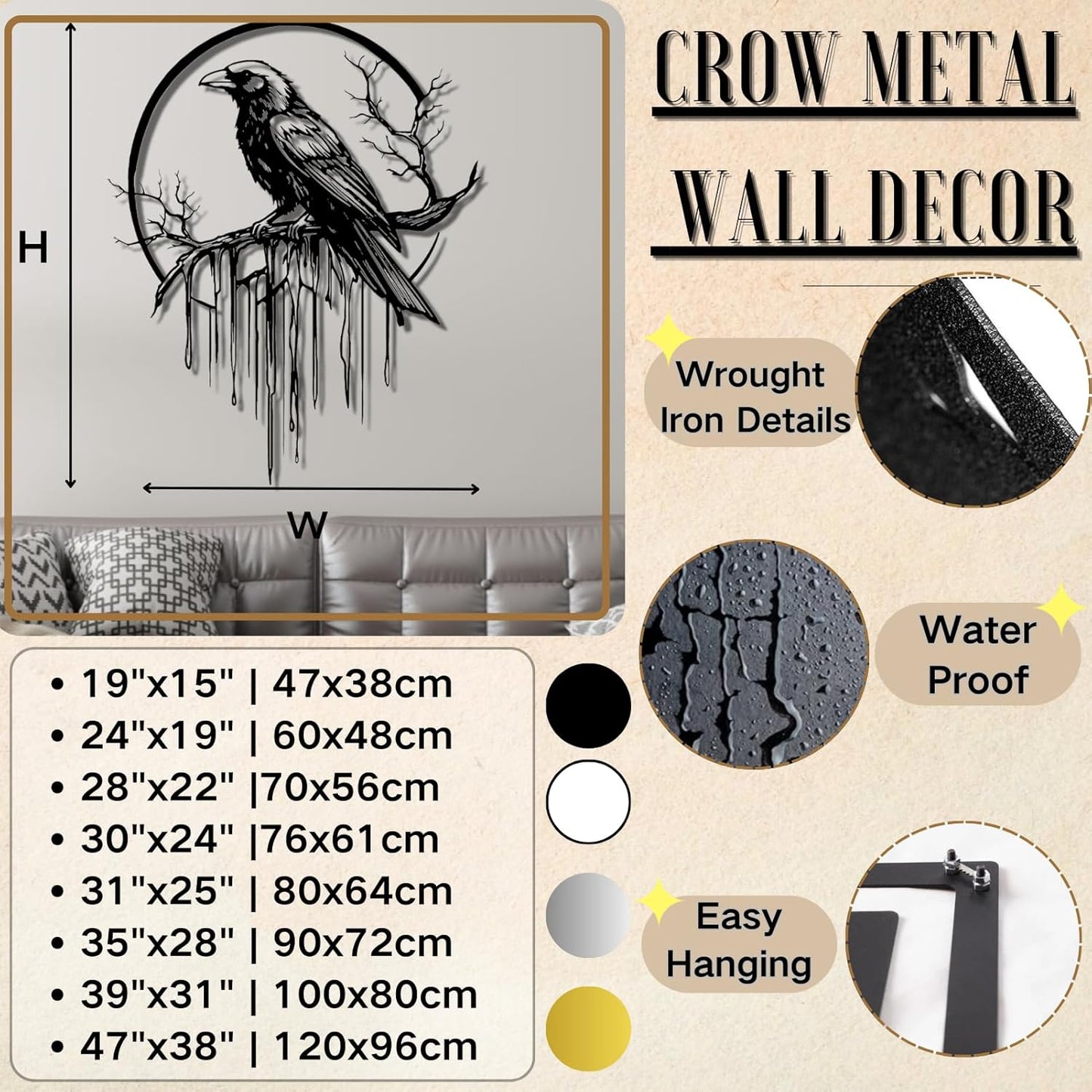 Crow Metal Wall Decor, Raven Wall Art, Large Gothic Raven Decor Hangings, Bird Wall Decor, Metal Tree Branch Decor, Ravens Sign, Raven Art for Living Room (Gold, 24"x19" | 60x48cm, metal wall art)