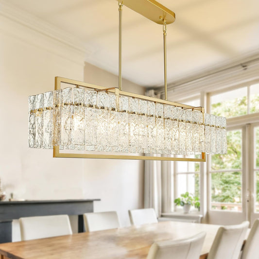 IKK Modern Rectangle Gold Crystal Chandeliers for Dining Room, 42" Large Rectangular Water Ripple Glass Island Light Fixture, Elegant Linear Lighting for Kitchen Island, Living Room, L42 x W11 x H12