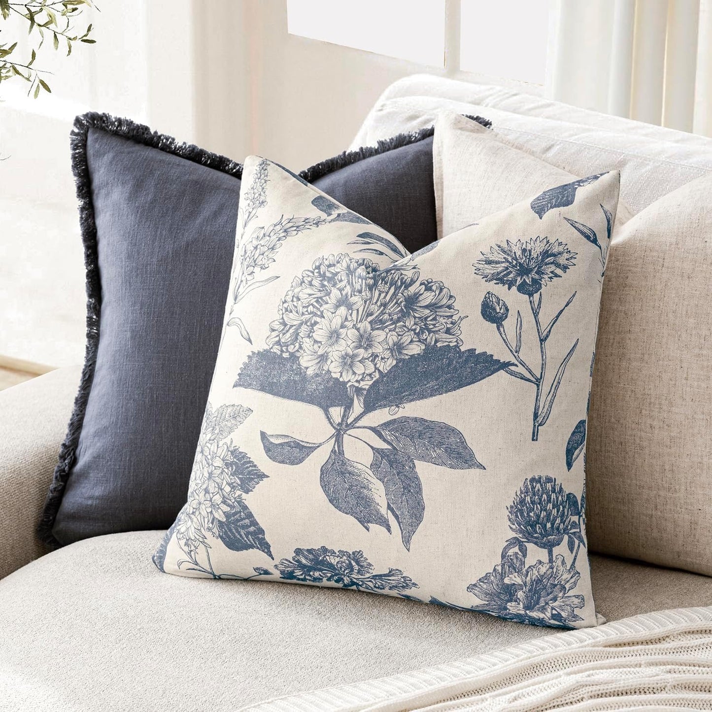 Foindtower Set of 2 Linen Floral Vintage Throw Pillow Covers Neutral Accent Print Decorative Cushion Covers Farmhouse Boho Home Decor for Sofa Chair Couch Bedroom Living Room Outdoor,24×24 Inch,Blue