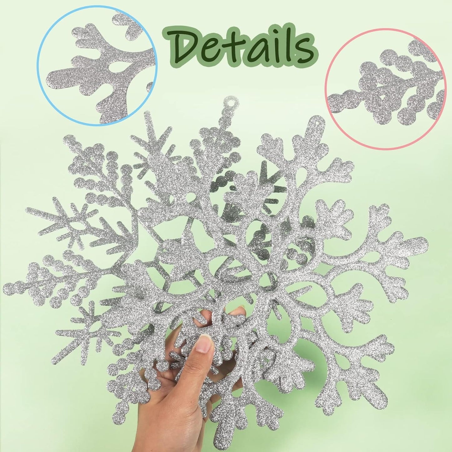6pcs Large Silver Snowflakes Ornaments 12” Big Plastic Glitter Snowflake for Winter Indoor Outdoor Christmas Tree Window Room Decorations Giant Craft Snowflakes