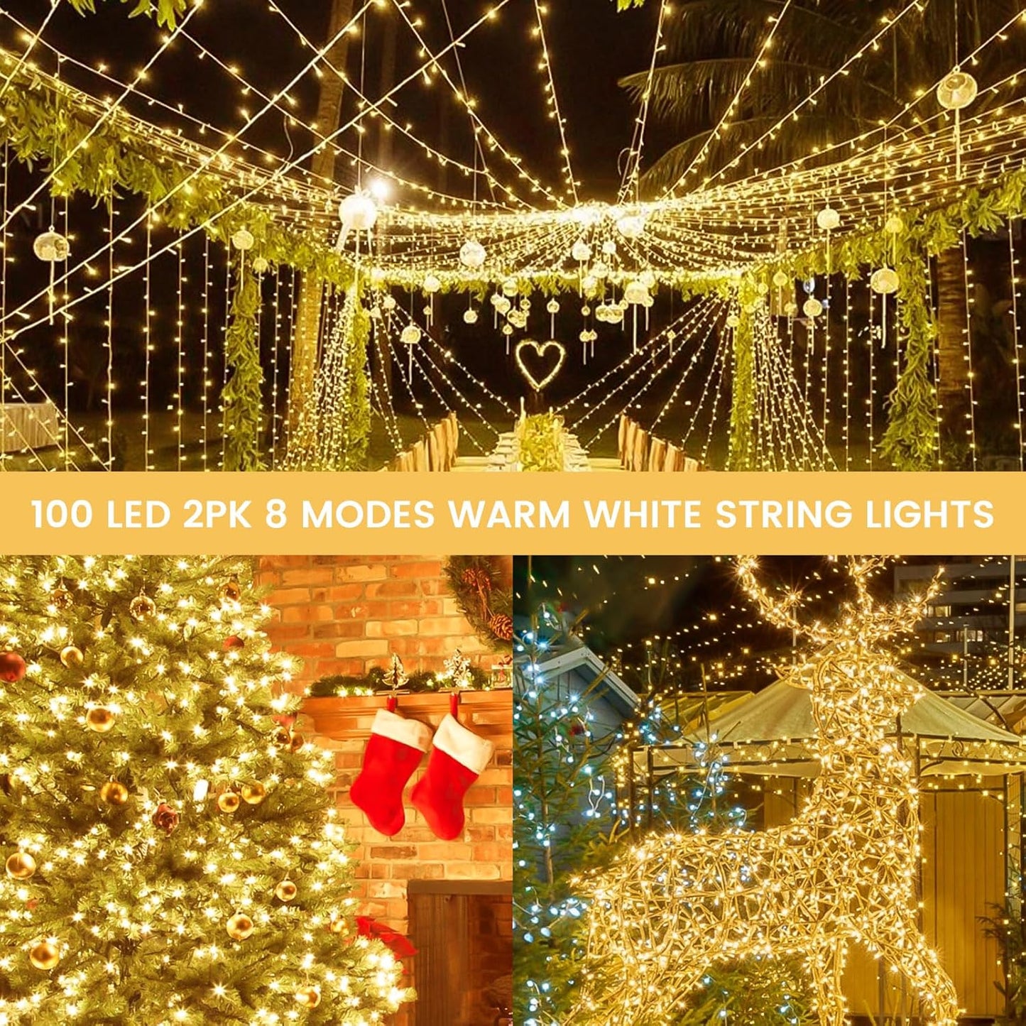 2 Pack String Lights Battery Operated with Timer, 66FT 200 LED Waterproof Battery Twinkle Lights, 8 Modes Fairy Light for Indoor & Outdoor Party Bedroom Garland Tree Christmas Decorations (Warm White)