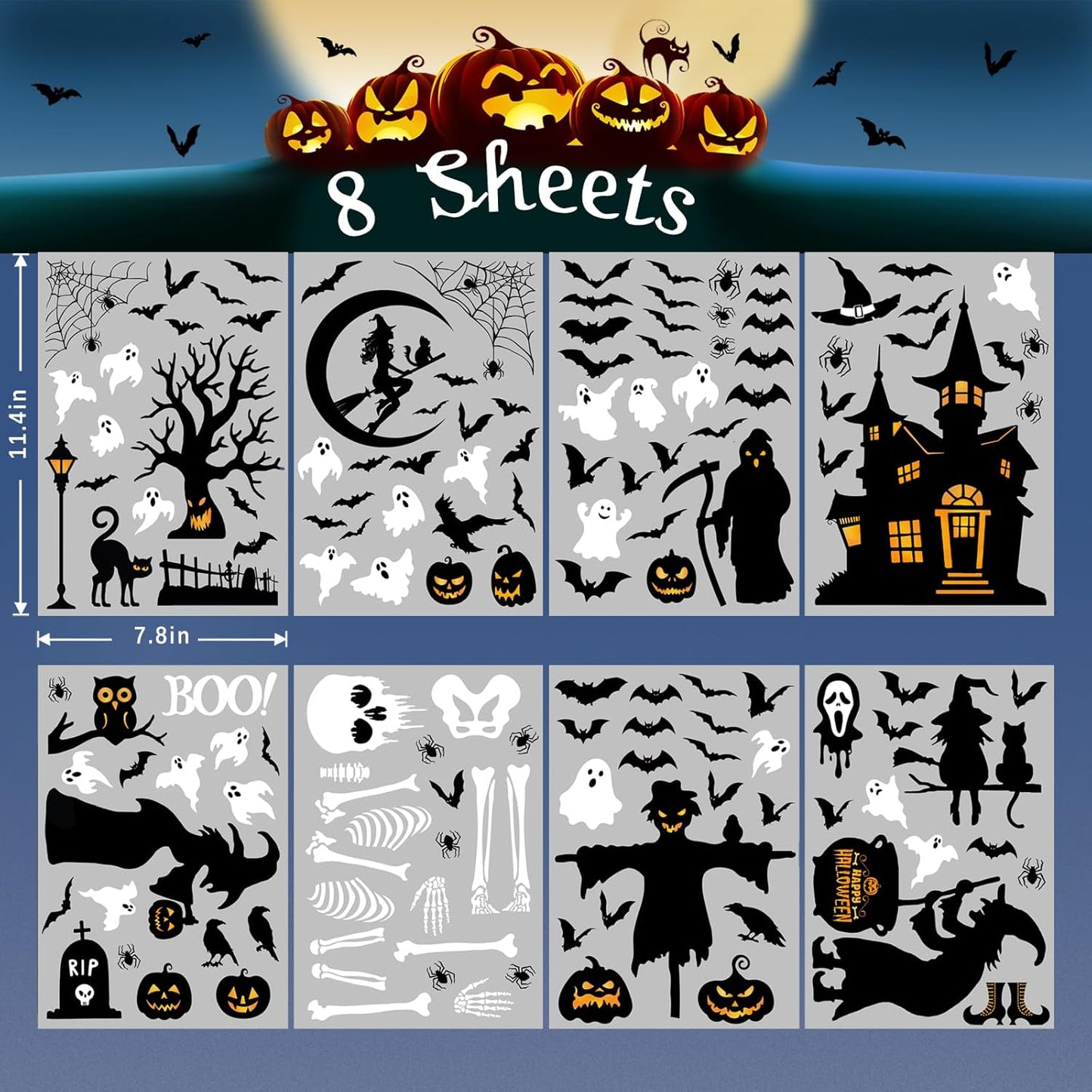 150 Pcs Halloween Window Clings Bats Witches with Cauldron Halloween Window Decoration | Large-Size Double-Side Skeletons Windo Clings Hallowee Party Decoration Reusable & Removable