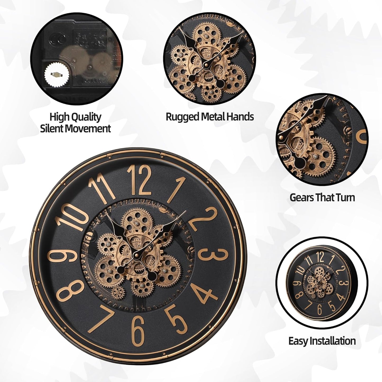 Maxstar Large Moving Gear Wall Clock,20" Vintage Mechanical Battery Operated Industrial Wall Clocks for Farmhouse Living Room,Home Office, Dinning Room, Kitchen, Steampunk Decor-Gold,Arab Numeral