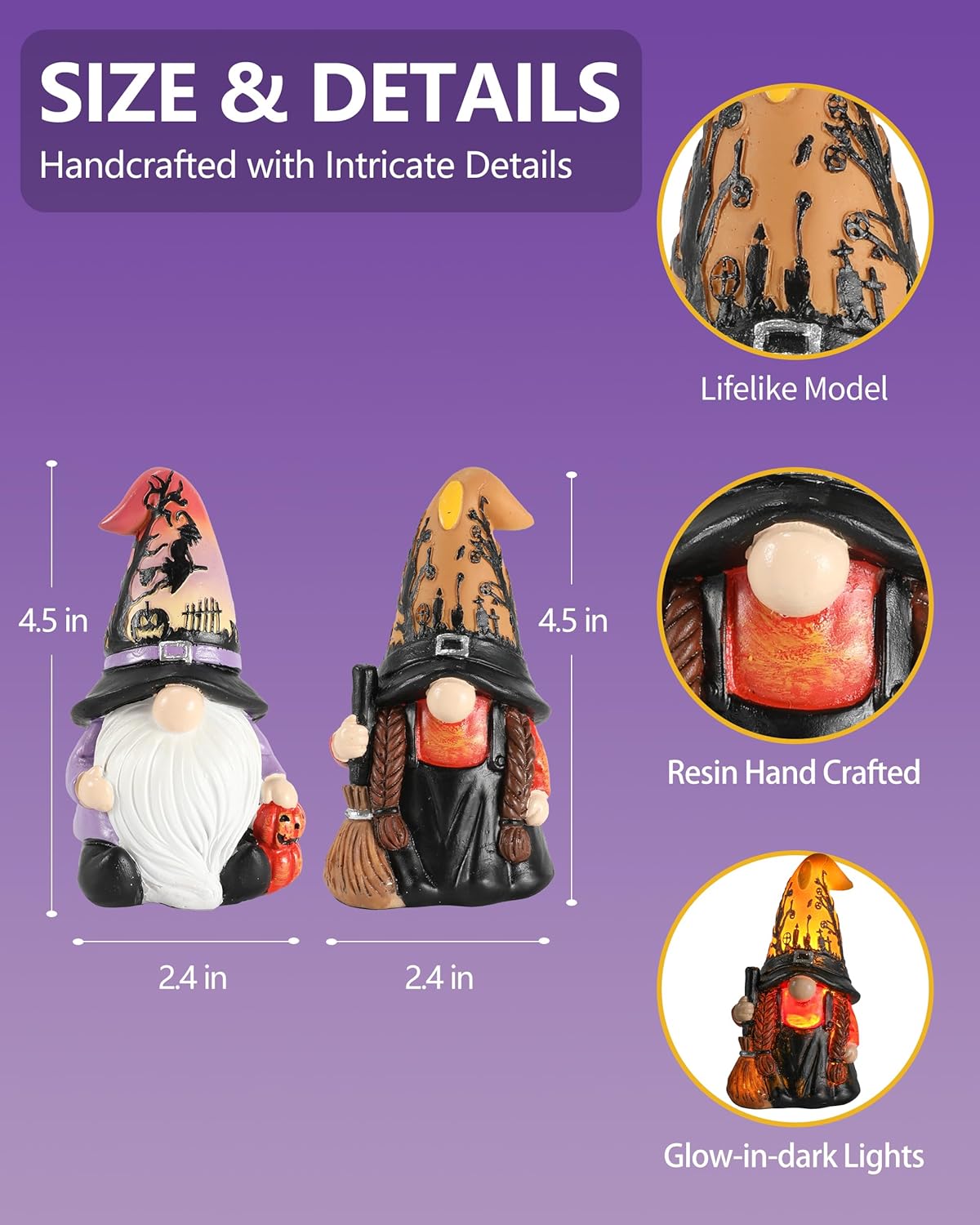 Halloween Gnomes and Witch Figurines - 2Pack Lights Up Fall Gnome Ornaments - 4.5'' Resin Indoor Halloween Decor for Women (Gnomes)