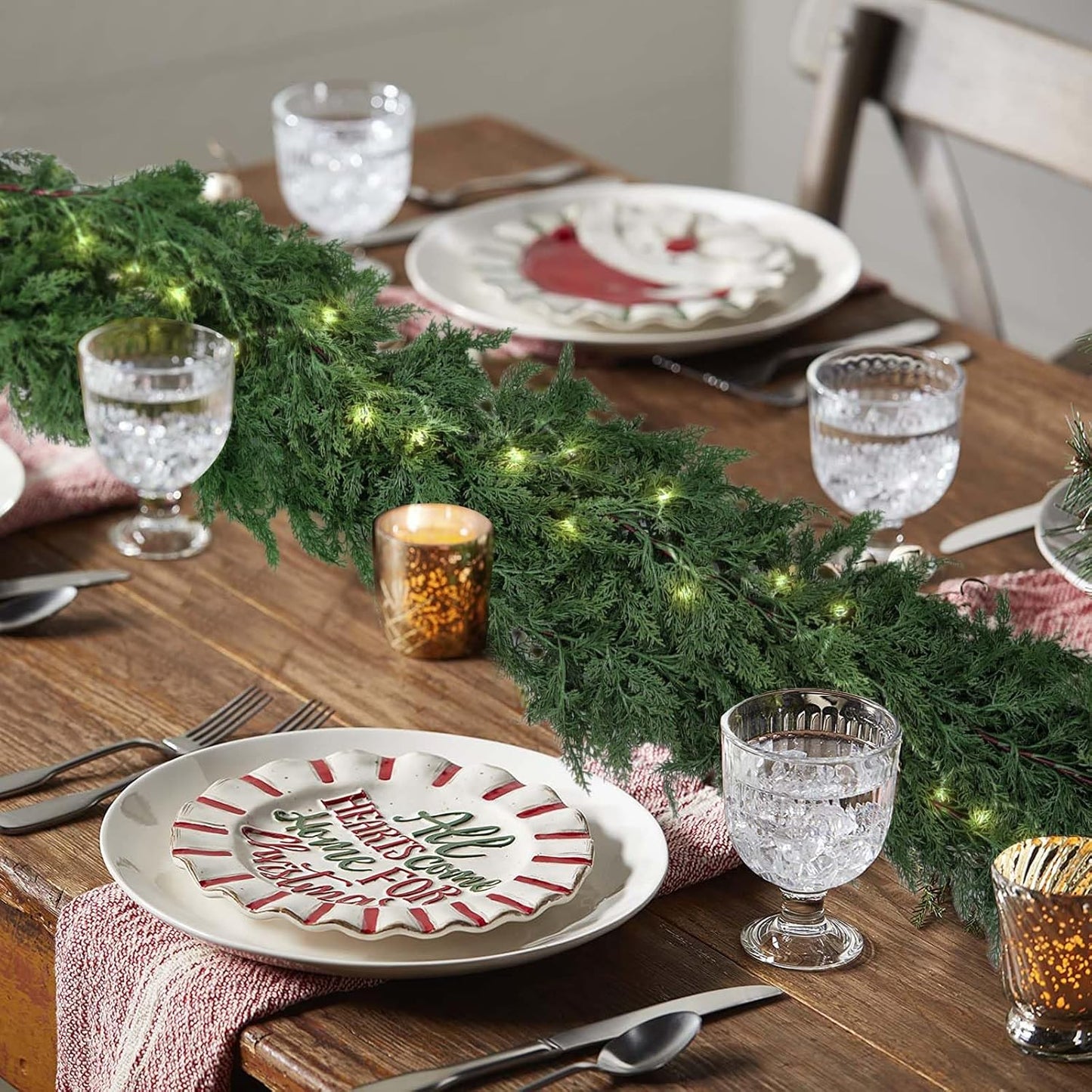 Hananona 9 FT Artificial Cedar Garlands, 2 Pcs Real Touch Winter Cedar Pine Garland, Green Artificial Greenery Garland for Table, Mantle, Wall, Indoor, Outdoor Christmas Decorations (2, 9 FT)