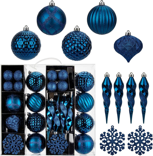 50PCS Christmas Tree Ornaments Set with Shatterproof Balls Icicle Snowflake Hanging Ornaments for Home Office Farmhouse Christmas Decorations, Dark Blue