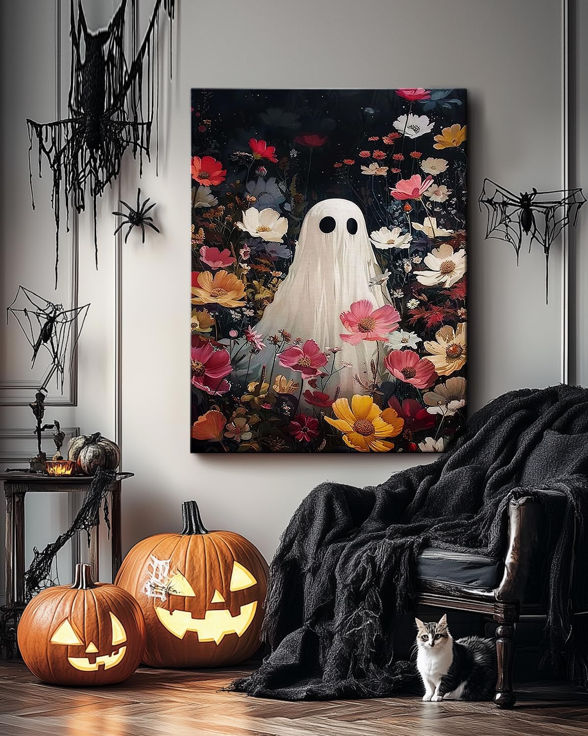 Halloween Canvas Wall Art,Vintage Cute Ghost & Wildflowers Framed Poster, Spooky Fall Decorations for Indoor, Gothic Dark Academia Wall Decor, Funny Halloween Decorations for Living Room Bedroom
