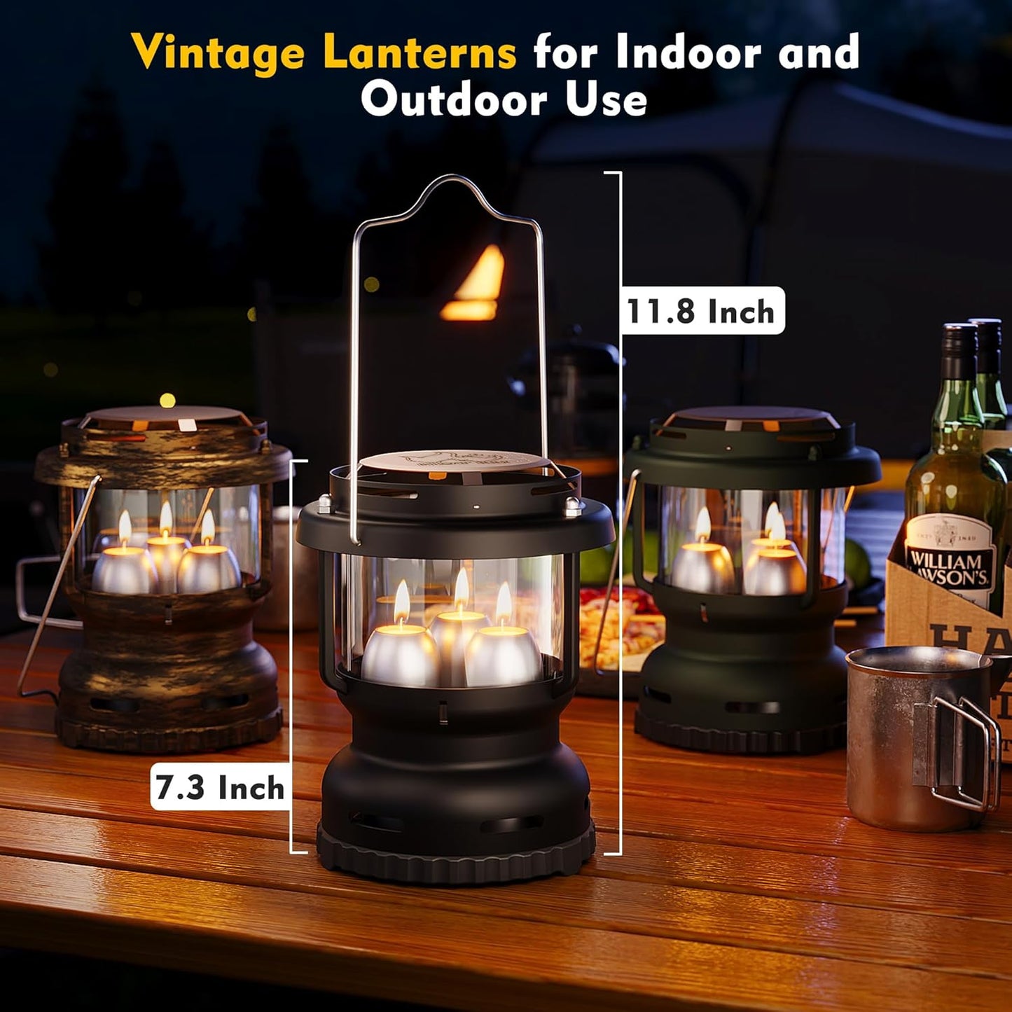 3-Wick Emergency Candle Lantern for Power Outages [18H+ Burning Time] Vintage Decorative Candle Lantern for Real Candles, Outdoor Portable Camping Survival Lighting [7.1"*5.7" - Matte Black]