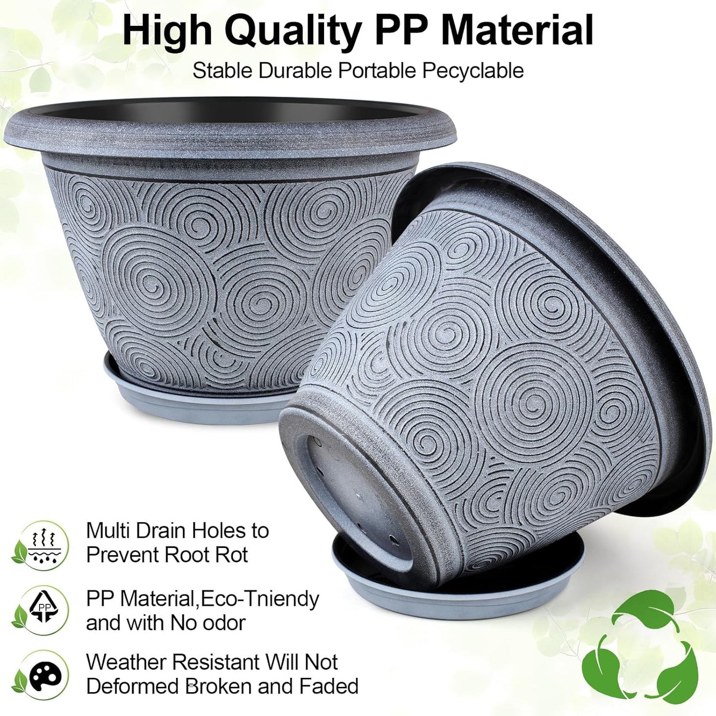 12 Inch Large Planter Pot for Plants Indoor Outdoor, 4 Pack Plastic Flower Pots with Drainage Hole & Tray, Modern Decorative Garden Pot with Saucer, Plant Container for House