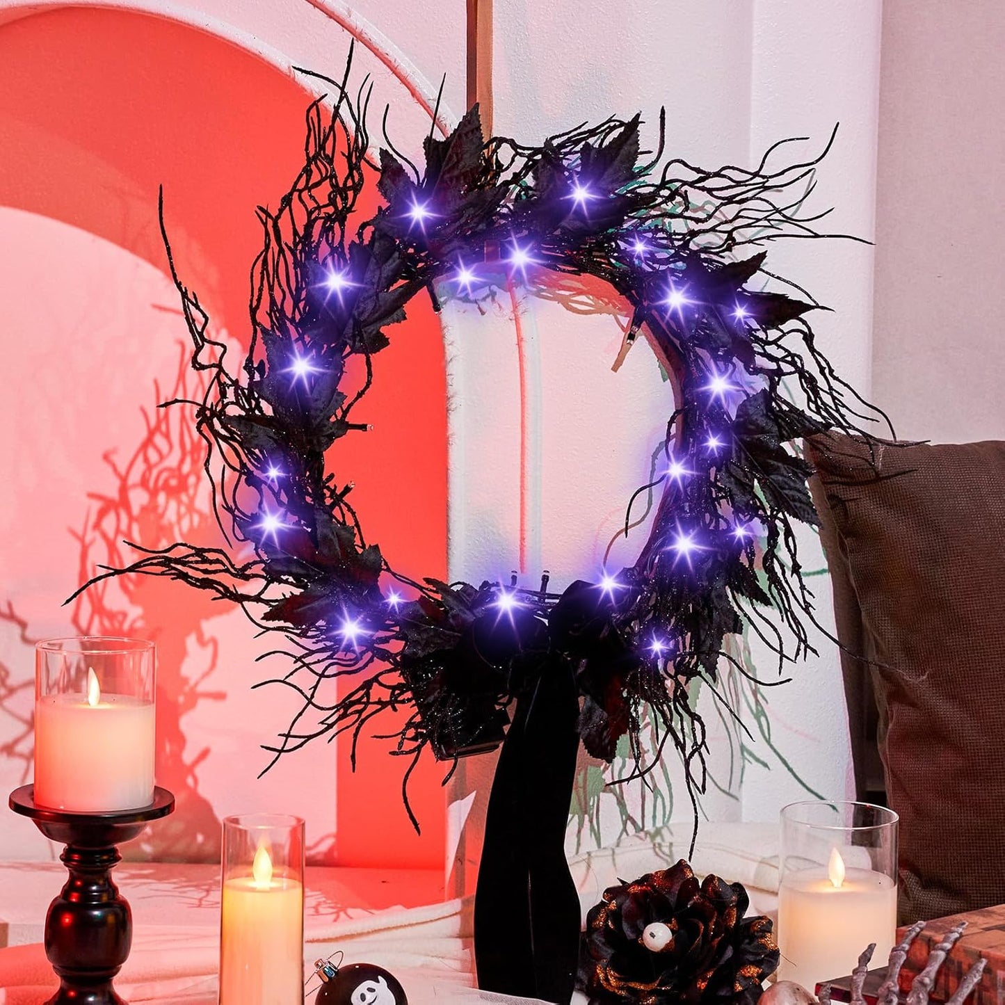 JORNOY 16inch LED Halloween Wreath with Battery Timer - Black Artificial Leaves&Silk Ribbon Decor Hanging for Front Door, Mantel, Porch, Wall, Party Decorations