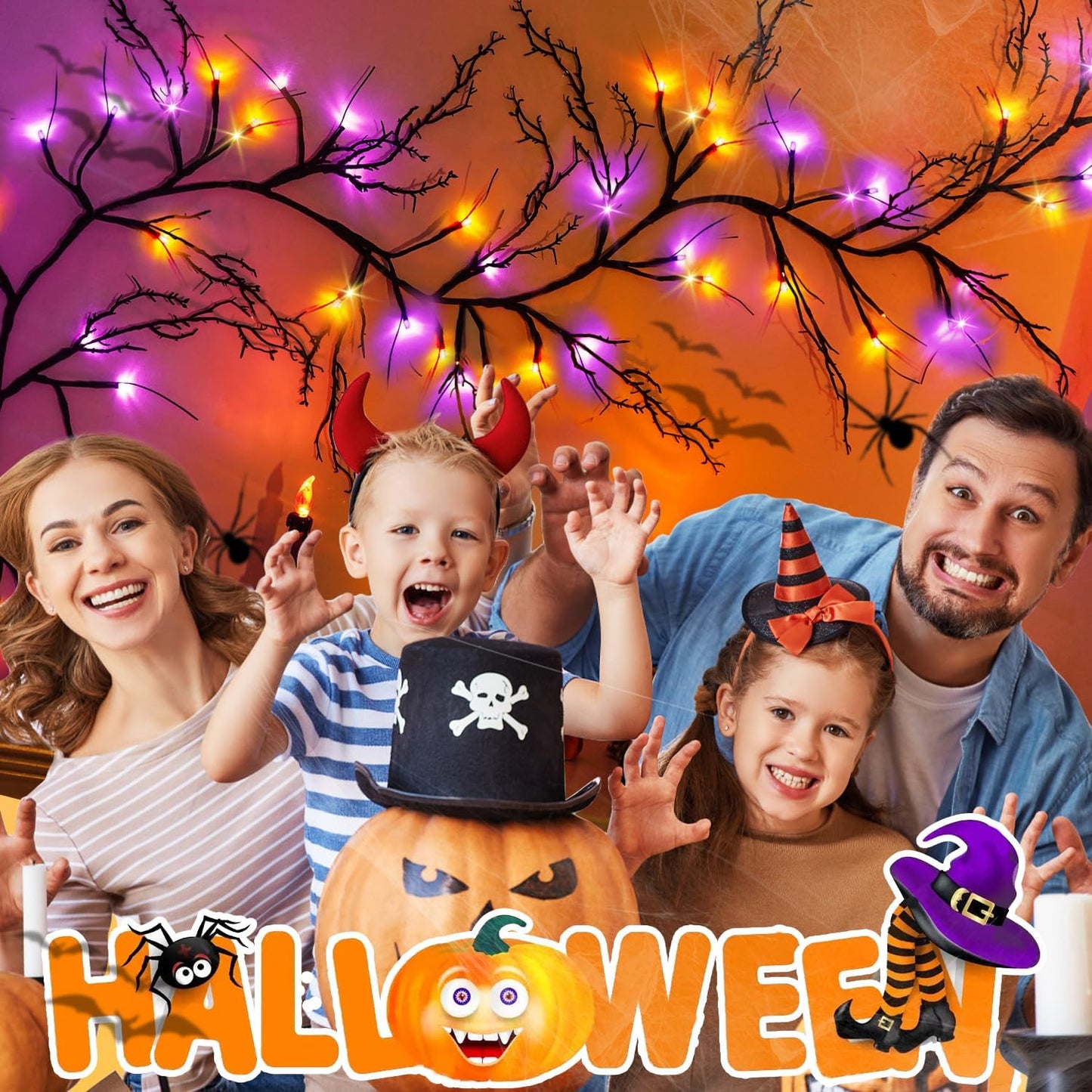 [8 Modes & Timer] Halloween Decorations Willow Vine Twig Garland, 6 FT 54LED Willow Vine Twig Lights Orange Purple LED Lights for Indoor Wall Fireplace Halloween Decorations