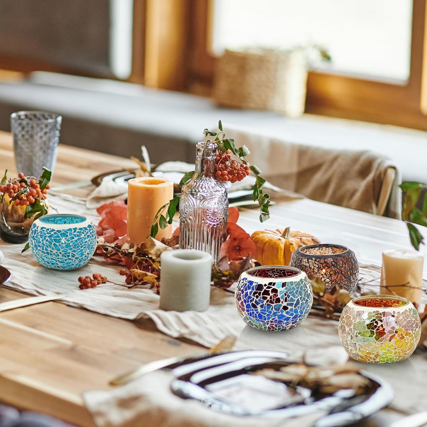 SHMILMH Mosaic Glass Candle Holder Set of 4, Votive Candle Holders Handmade Cracked Tealight Holders for Fall Christmas Diwali Home Decorations, Diwali Gift