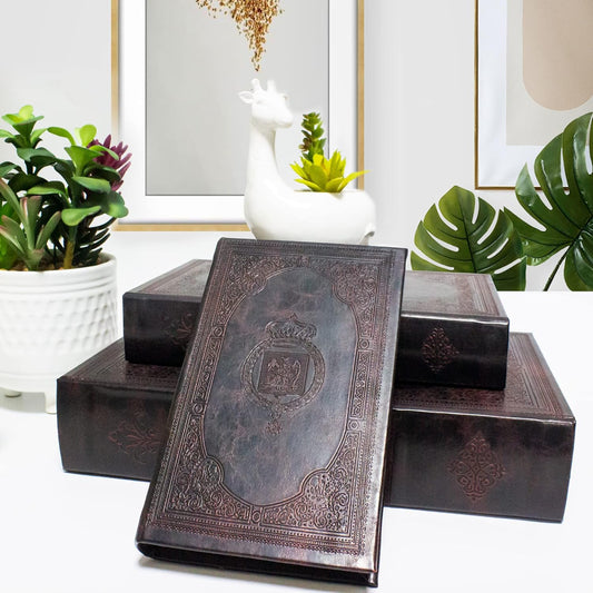Decorative Book Box Set of 3,Vintage Style Book Shaped Storage Box,Leather Decorative Wooden Trinket Jewelry Books Boxes with Antique Embossed Pattern,Mother's Day/Graduation /Birthday Gift Idea