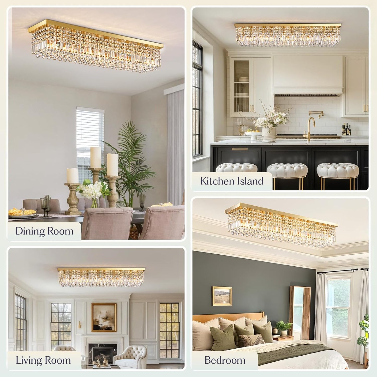 10 Lights Gold Flush Mount Rectangle Chandelier, Modern K9 Crystal Chandeliers Light Fixture Rectangular Raindrop Chandelier Pendant Island Light for Living Dining Room Kitchen Bar L47 Inch