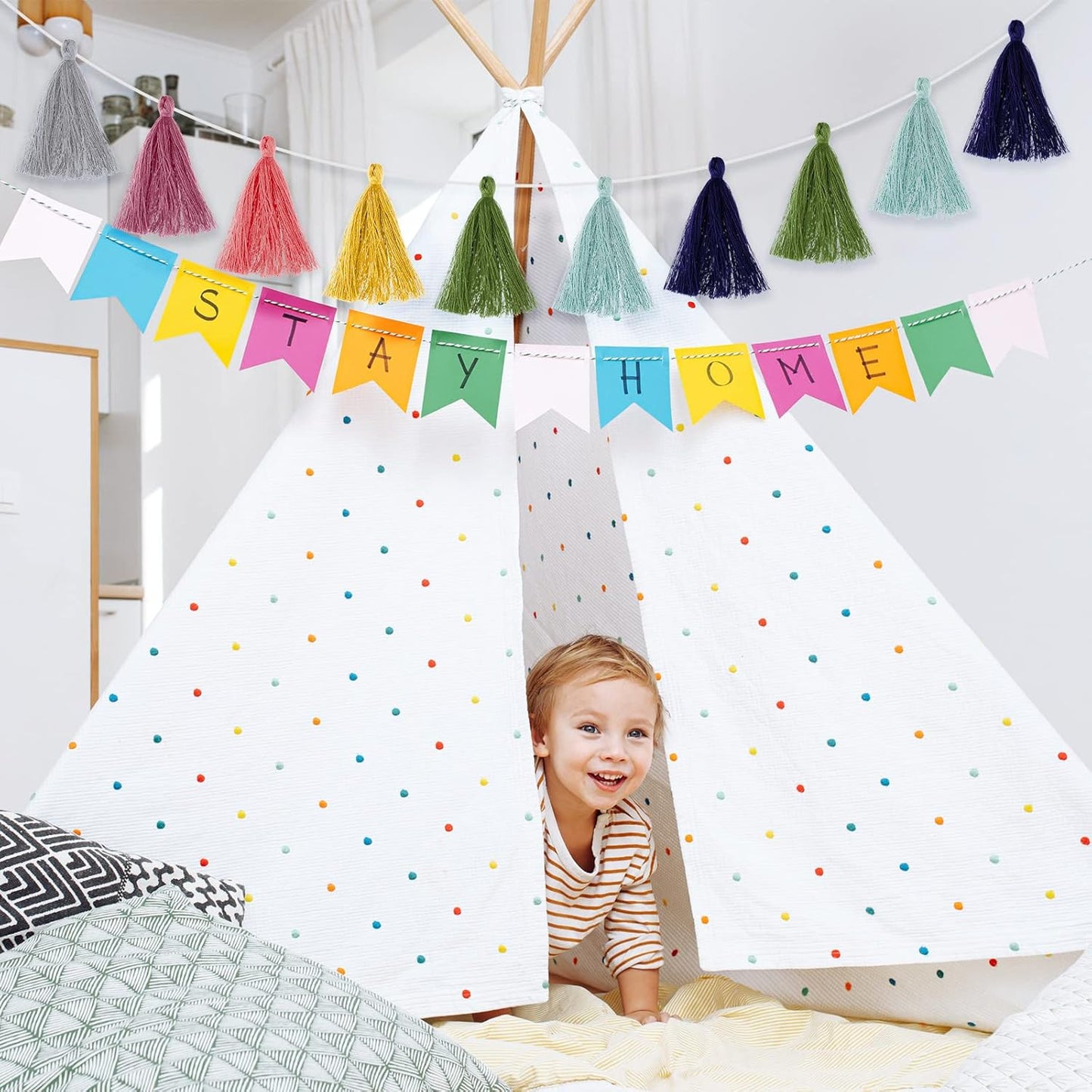 Irenare 9.8 ft Pom Pom Garland Felt Colorful Tassel Banner Christmas Party Pompoms Garland Decorations Felt Pennant Banner for Classroom Home Mantel Fireplace Birthday(Bright Color)