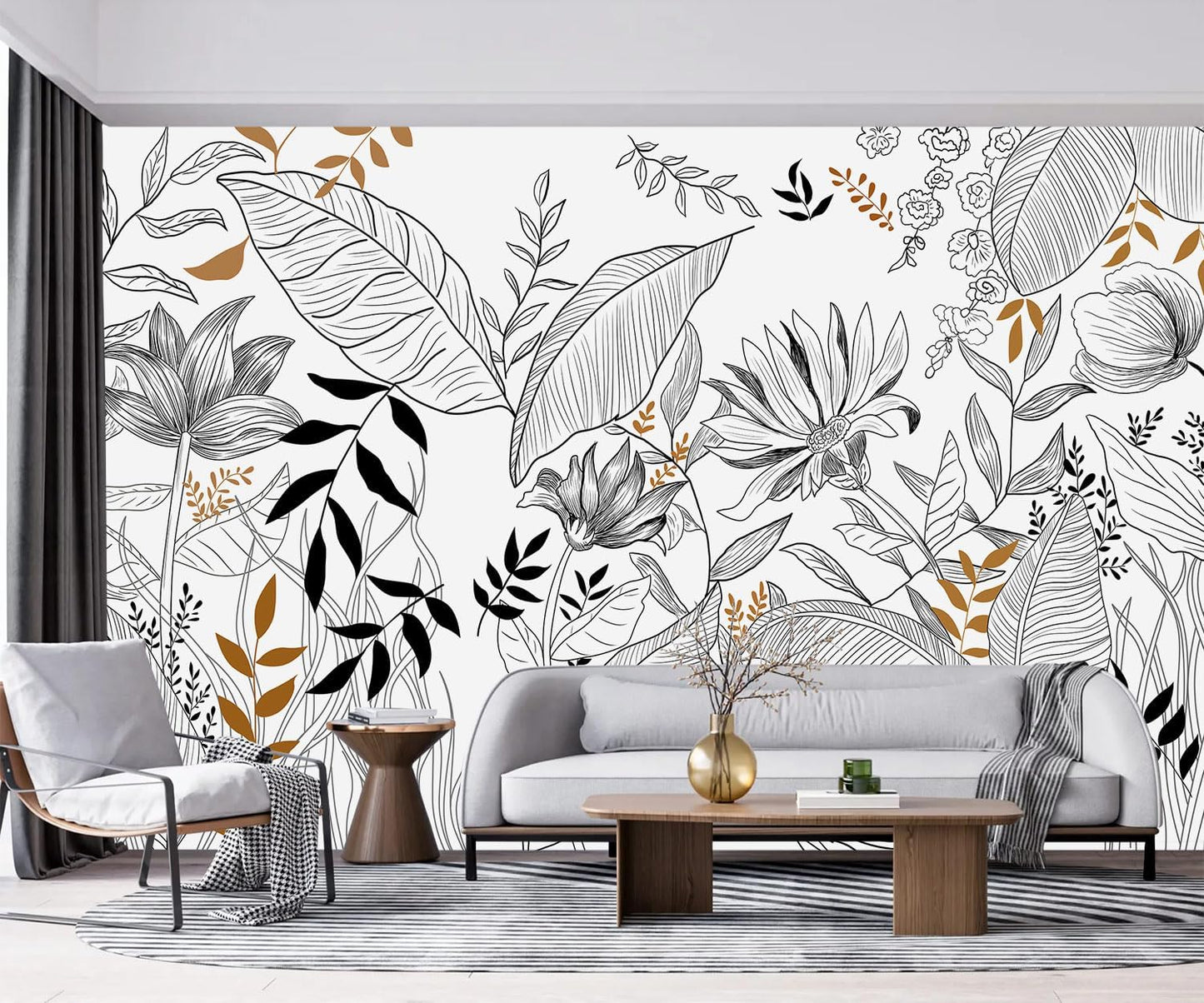 -Hand-Painted Flower Plant Fabric Wallpaper Simple Art Living Room 100" x 65" (Not Peel and Stick)