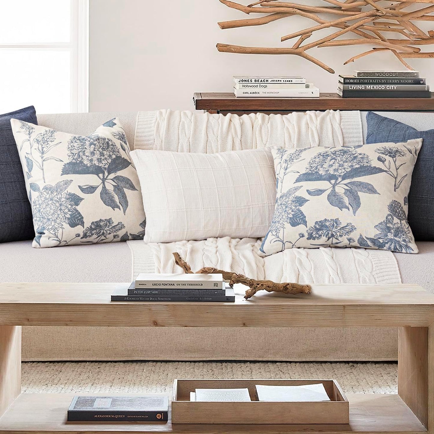 Foindtower Set of 2 Linen Floral Vintage Throw Pillow Covers Neutral Accent Print Decorative Cushion Covers Farmhouse Boho Home Decor for Sofa Chair Couch Bedroom Living Room Outdoor,22×22 Inch,Blue