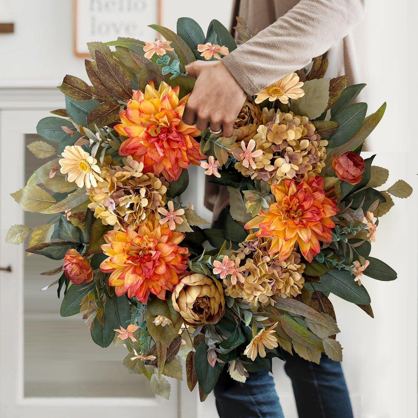 WANNA-CUL 24 Inch Spring Fall Wreaths for Front Door,Fall Wreath with Orange Hydrangea&Peony and Dahlia Flowers-Fall Decoration for Home-Large Fall Decor Door Wreath for Autumn,Harvest