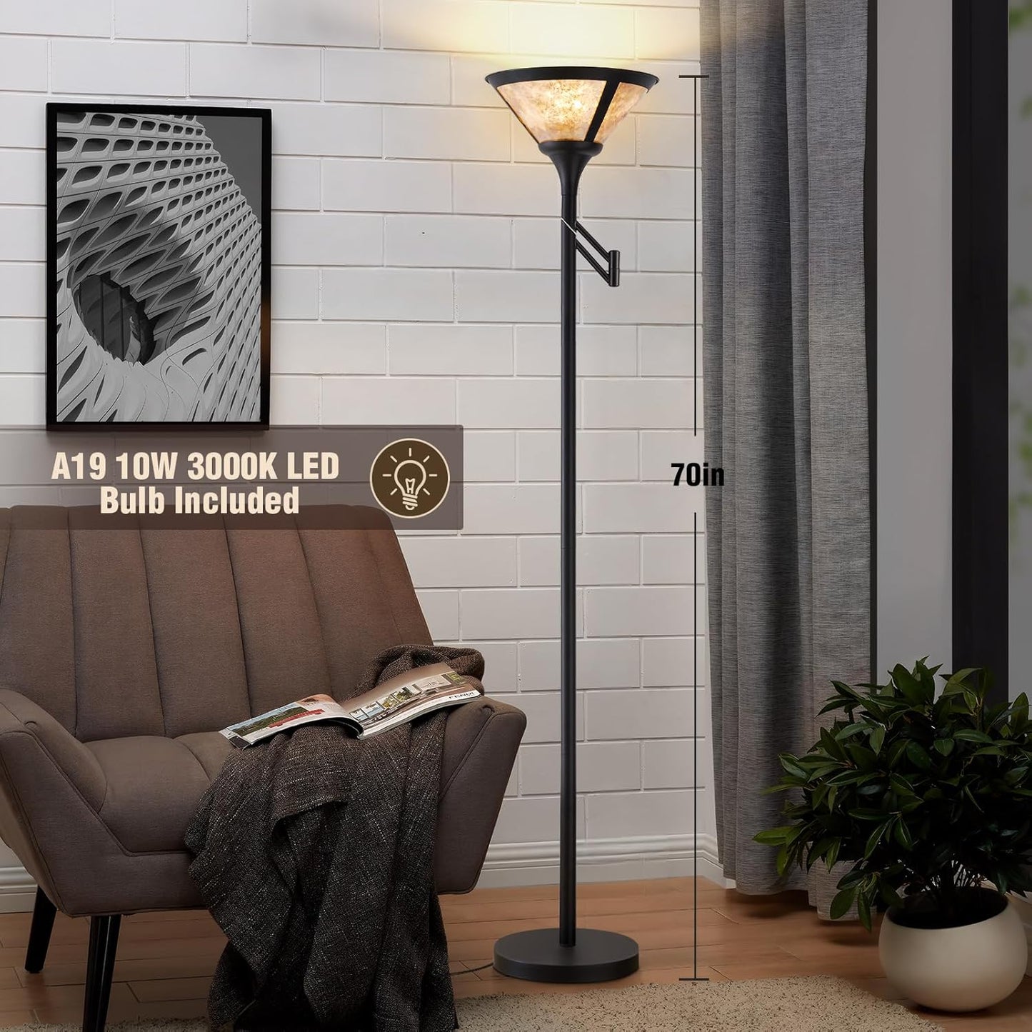 Floor Lamps for Living Room - 70" Black Torchiere Standing Floor Lamp with White Mica Shade - Tall Corner Lamp Decor for Bedroom with Adjustable Swing Arm LED Reading Light for Home Office