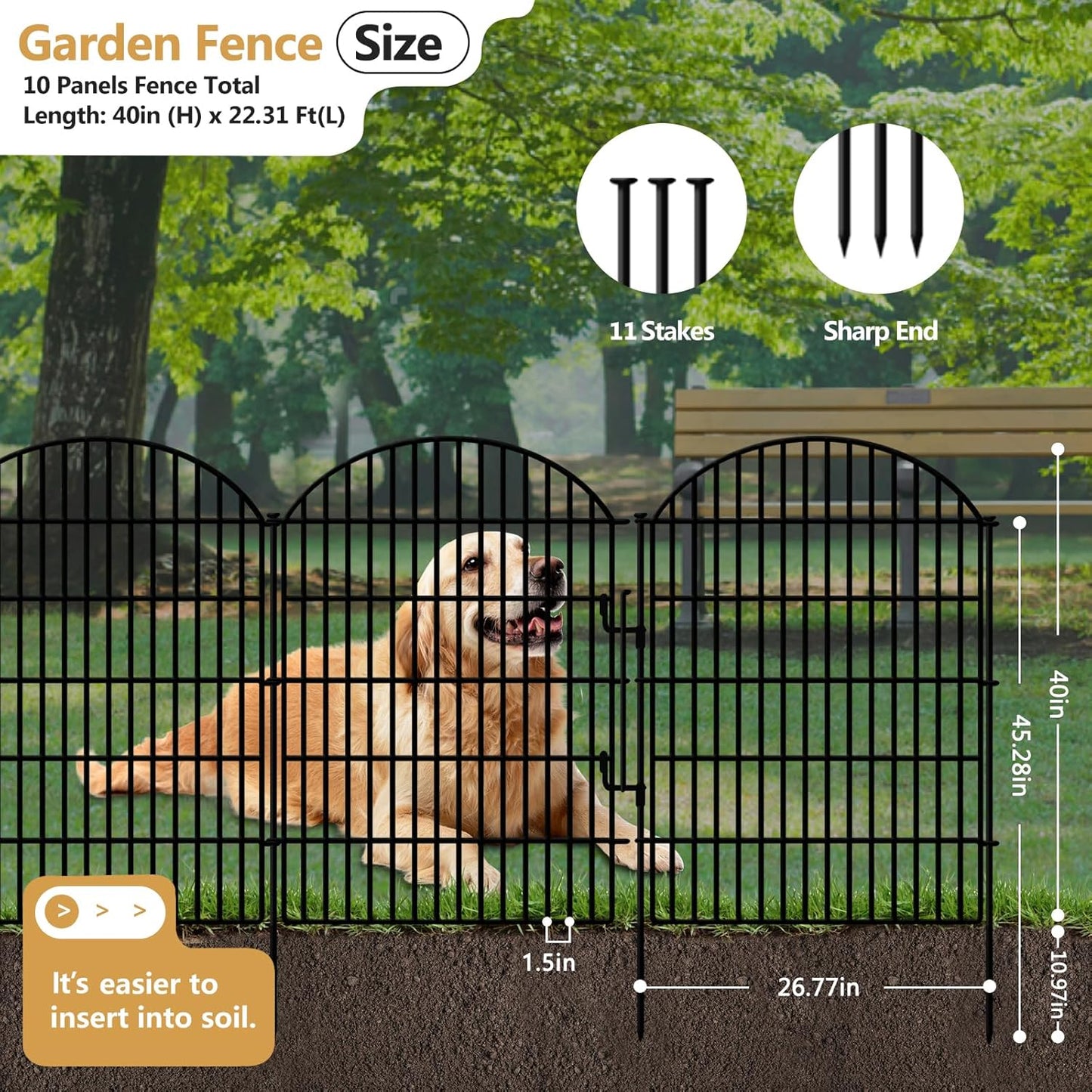 10 Panels Decorative Garden Fence with Lock, 40in (H) X 21.92ft (L) No Dig Dog Fences Outdoor for Yard, Rustproof Tall Animal Barrier Fencing, Metal Panels Suitable for Yards Border, Patio Use