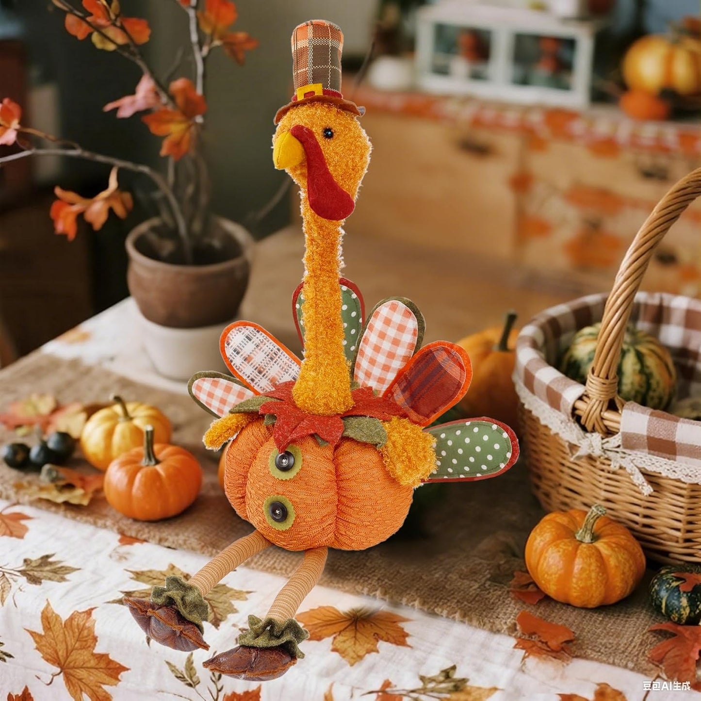 winemana Thanksgiving Decoration 31.5" x 18.5" Plush Turkey with Stretchable Head, Handmade Stuffed Sitting Turkeys Fall Decorations for Indoor Home Tabletop Party Autumn Decor (Cock)