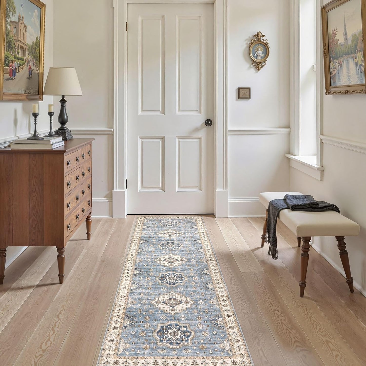 Washable 2x6 Runner Rug - Area Rugs Neutral Vintage Distressed Floral Farmhouse Boho Large Soft Floor Rug Indoor Carpet for Hallway Entryway Bedroom Kitchen - Blue